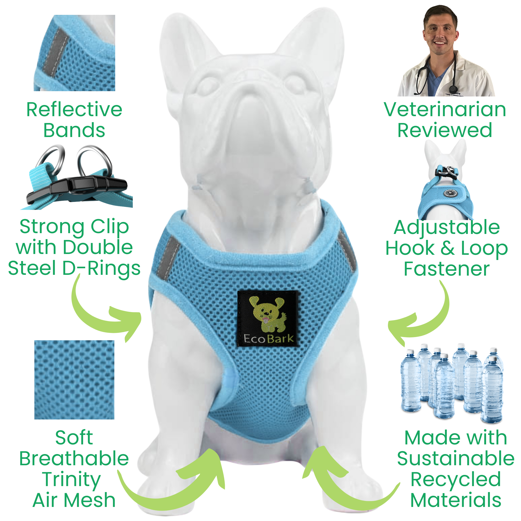 EcoBark Step In Dog Harness - Teacup & Small Breeds- Reflective Soft Mesh Harness for Teacup, Small Dogs and Puppies / Sky Blue