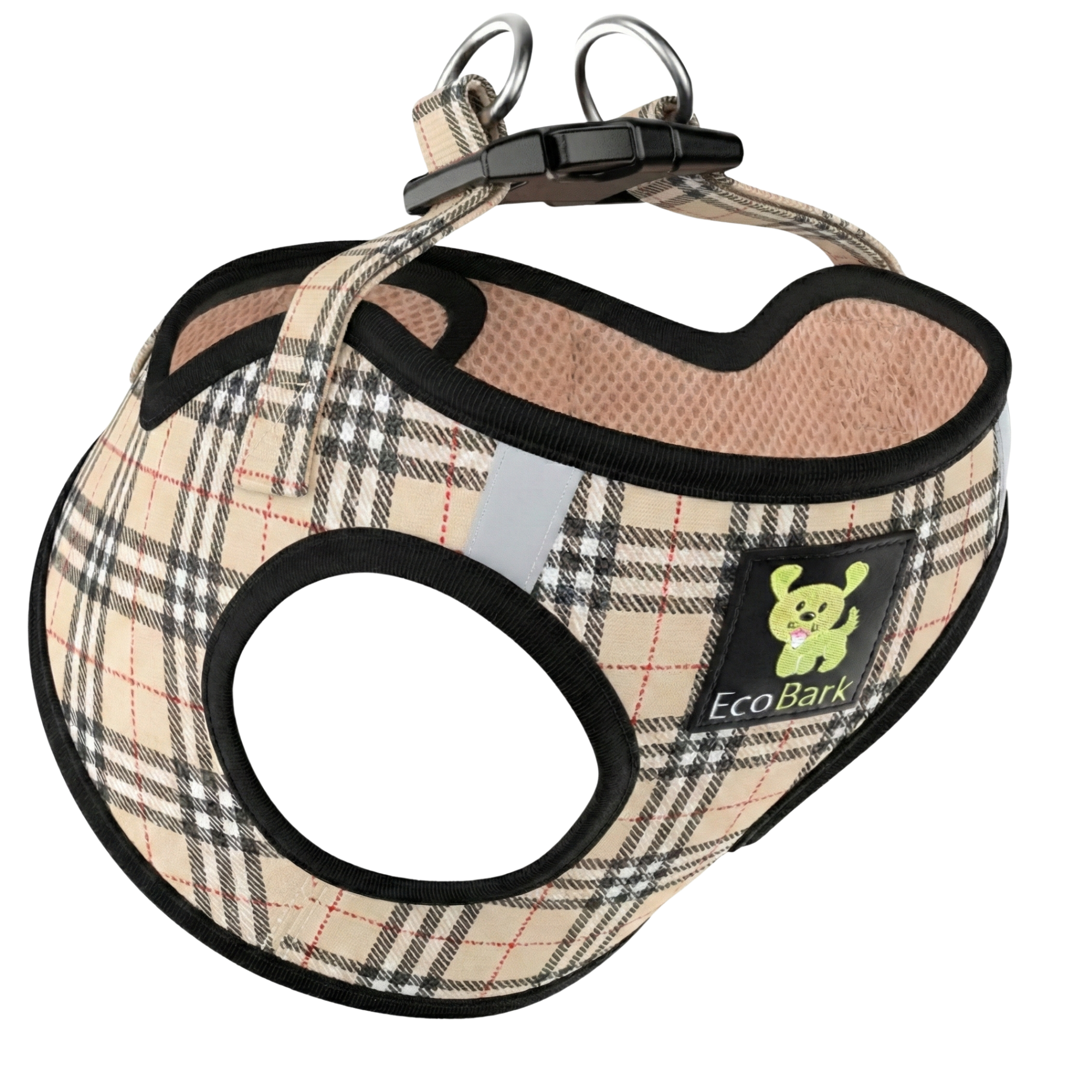 EcoBark Step In Dog Harness - Teacup & Small Breeds- Reflective Soft Mesh Harness for Teacup, Small Dogs and Puppies / Beige Plaid