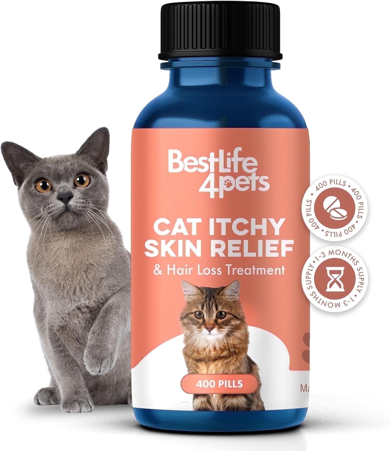 Bestlife4Pets Cat Itchy Skin Relief & Hair Loss Supplement, Holistic Skin Allergy Relief - 400 Pills