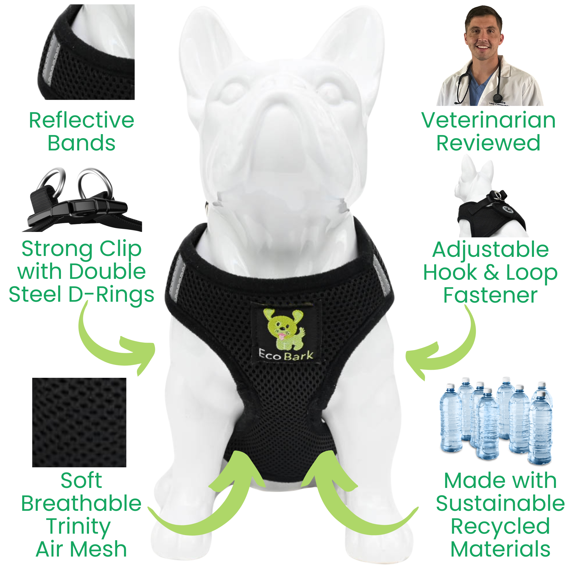 EcoBark Step In Dog Harness - Teacup & Small Breeds- Reflective Soft Mesh Harness for Teacup, Small Dogs and Puppies / Black