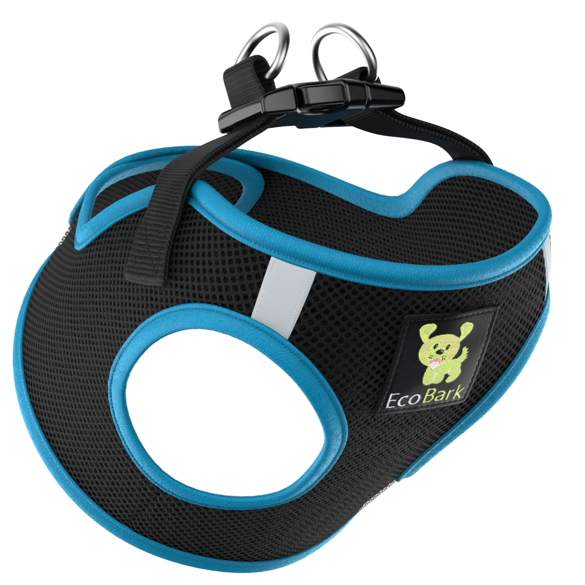 EcoBark Step In Dog Harness - Teacup & Small Breeds- Reflective Soft Mesh Harness for Teacup, Small Dogs and Puppies / Black w/ Teal Piping
