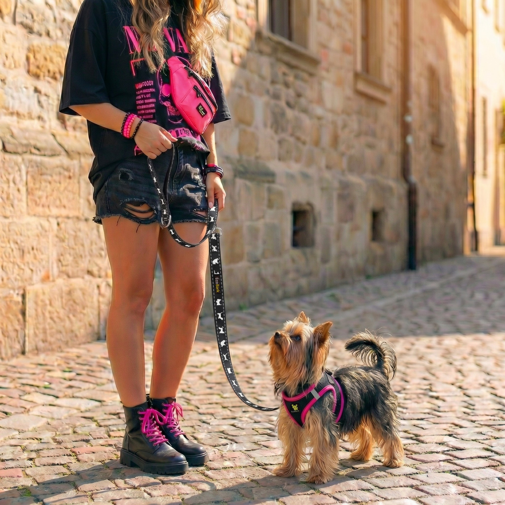 EcoBark Step In Dog Harness - Teacup & Small Breeds- Reflective Soft Mesh Harness for Teacup, Small Dogs and Puppies / Black w/ Pink Piping