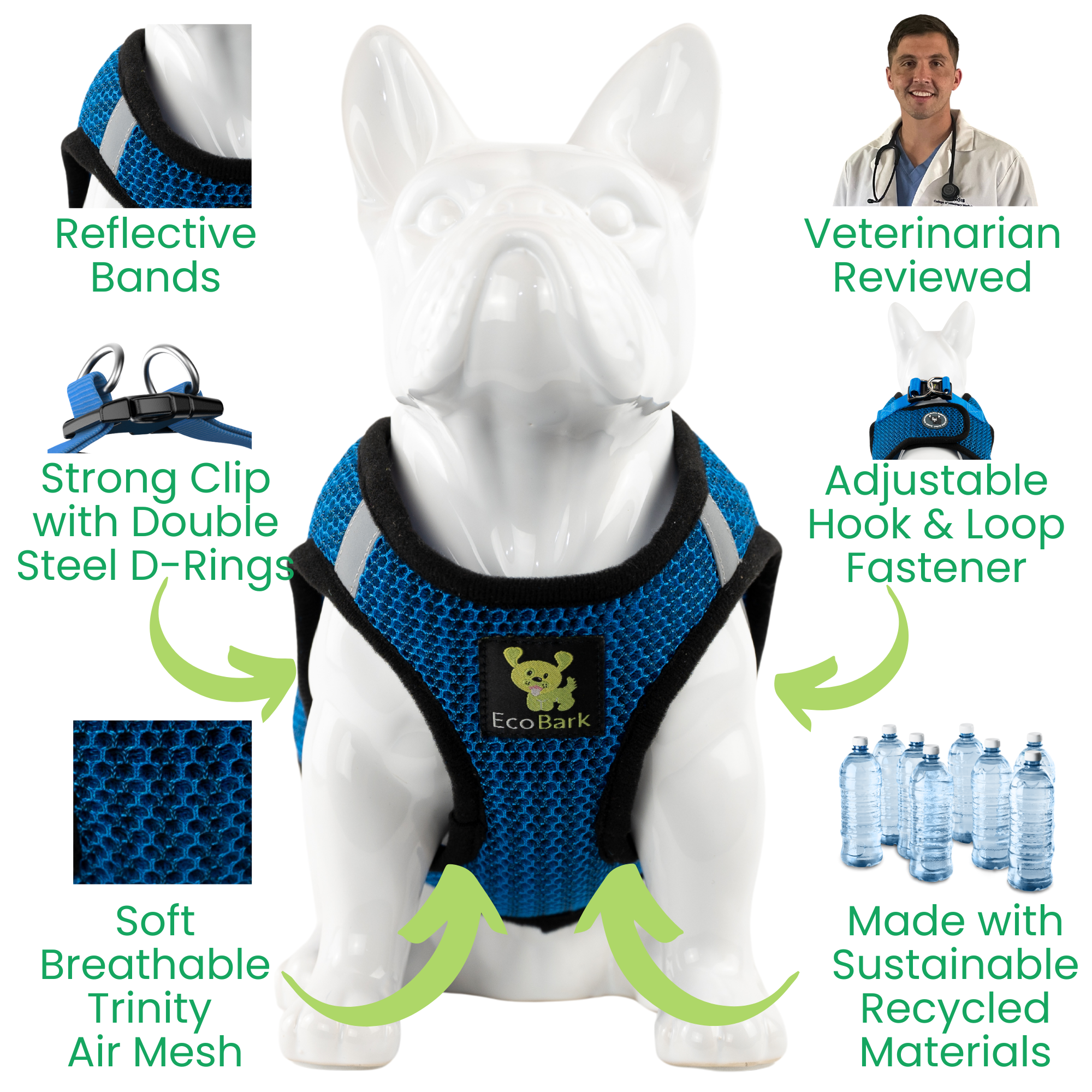 EcoBark Step In Dog Harness - Teacup & Small Breeds- Reflective Soft Mesh Harness for Teacup, Small Dogs and Puppies / Bright Blue Sport