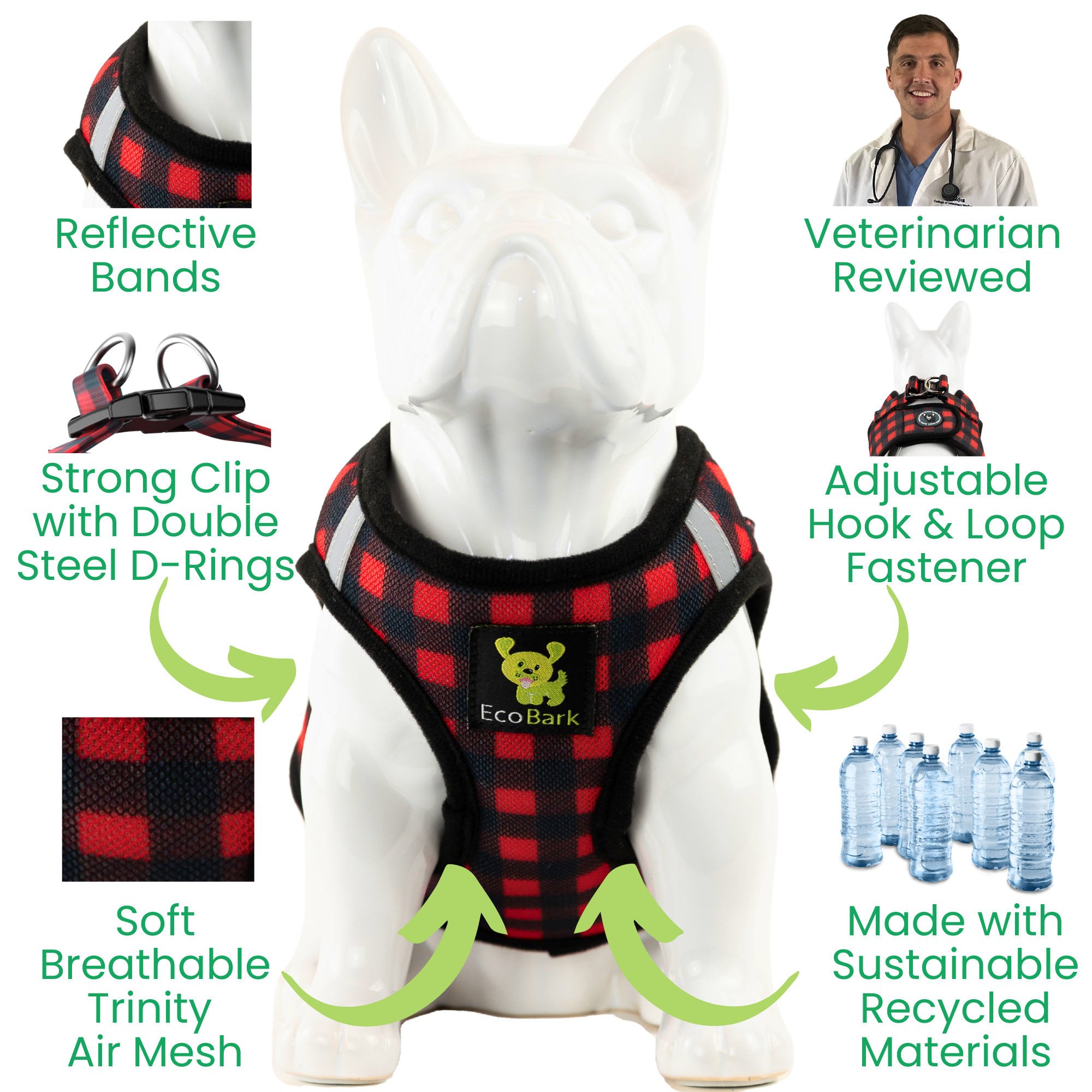 EcoBark Step In Dog Harness - Teacup & Small Breeds- Reflective Soft Mesh Harness for Teacup, Small Dogs and Puppies / Buffalo Plaid