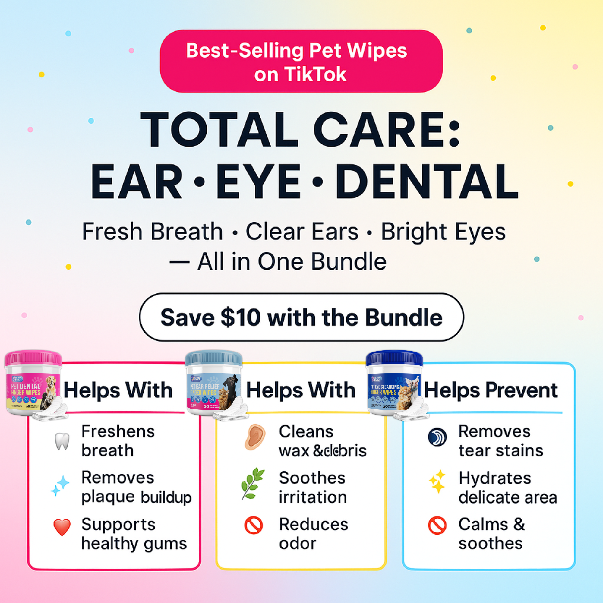 3-Pack Hygiene Bundle – Pet Dental, Ear, & Eye Finger Wipes