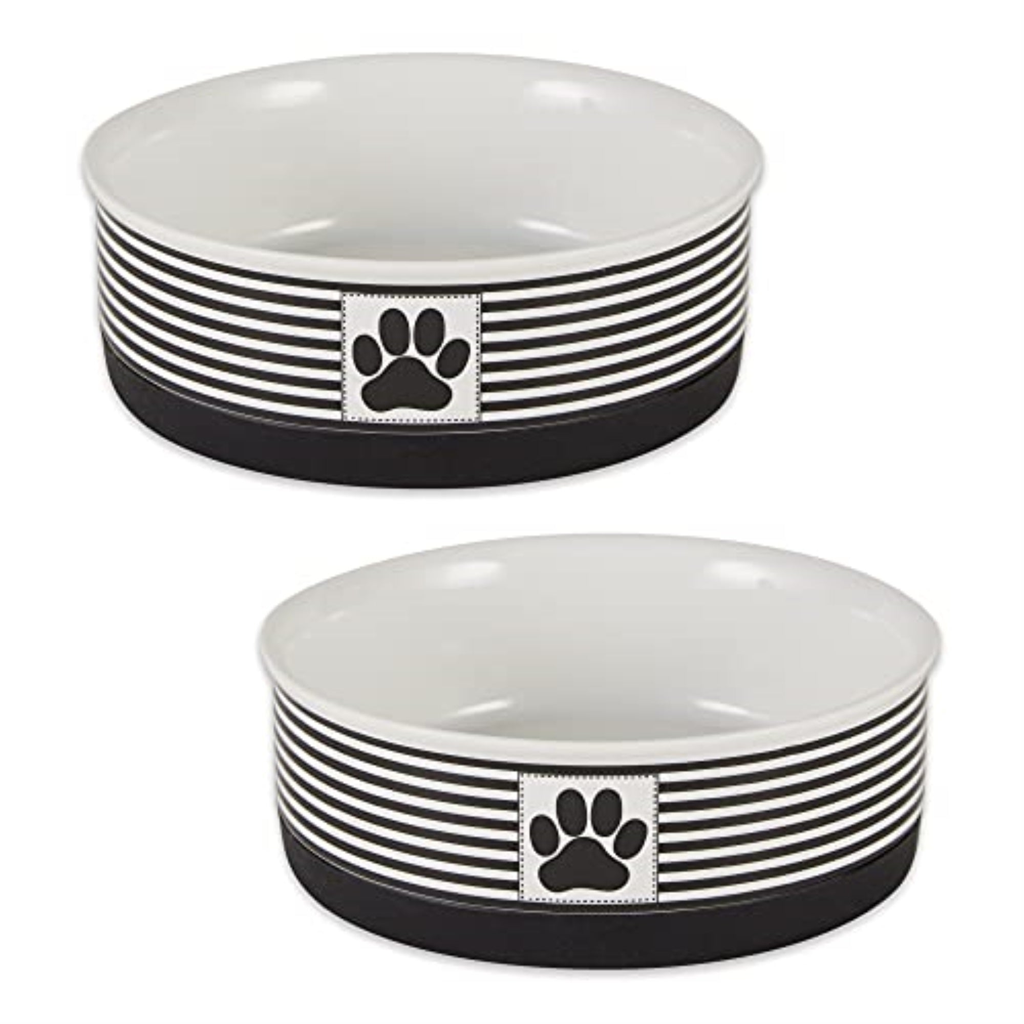 DII Pet Bowl Paw Patch Stripe, Black, Medium 6Dx2H (Set of 2)