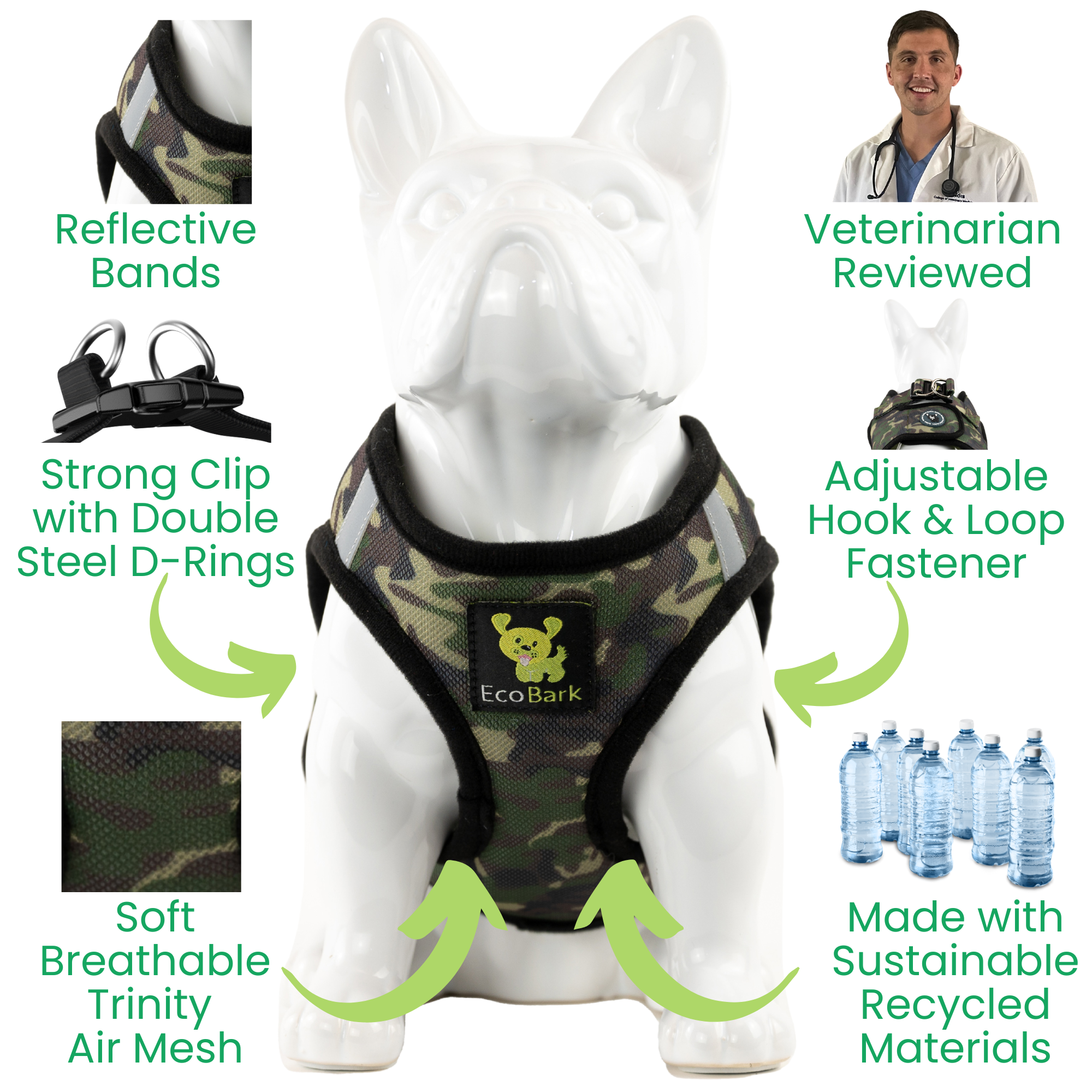 EcoBark Step In Dog Harness - Teacup & Small Breeds- Reflective Soft Mesh Harness for Teacup, Small Dogs and Puppies / Camouflage