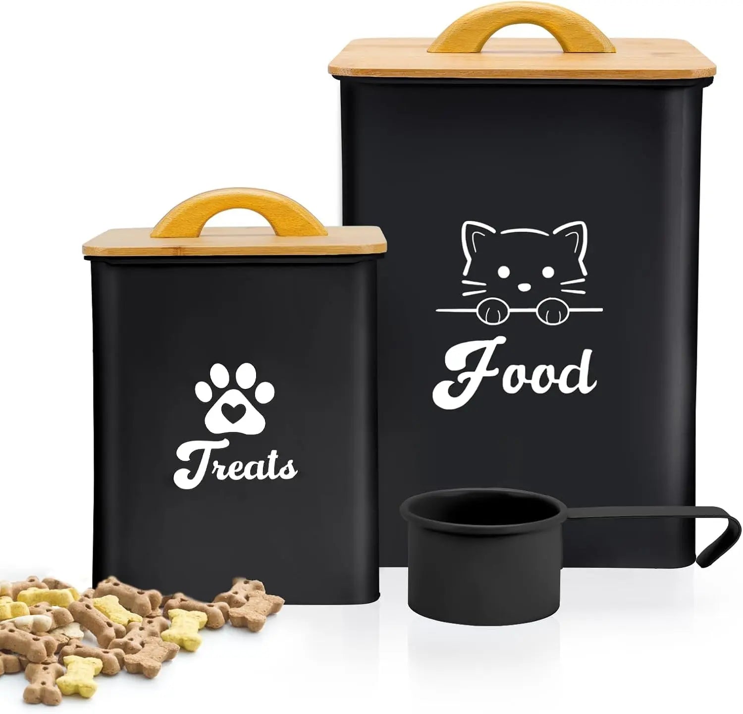 Airtight Cat Food Storage Containers with Scoop, 2-Piece Black Canister Set