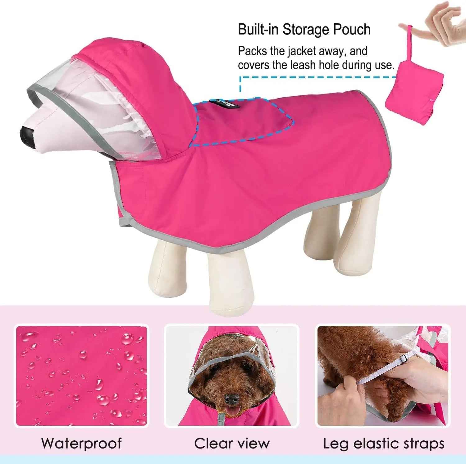 Dog Raincoat with Clear Hood Reflective Trim Adjustable XS3XL in 3 colors