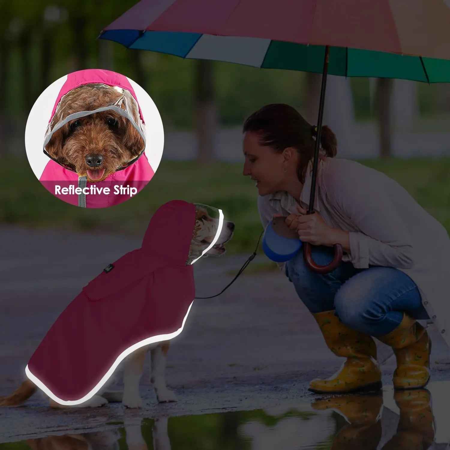 Dog Raincoat with Clear Hood Reflective Trim Adjustable XS3XL in 3 colors