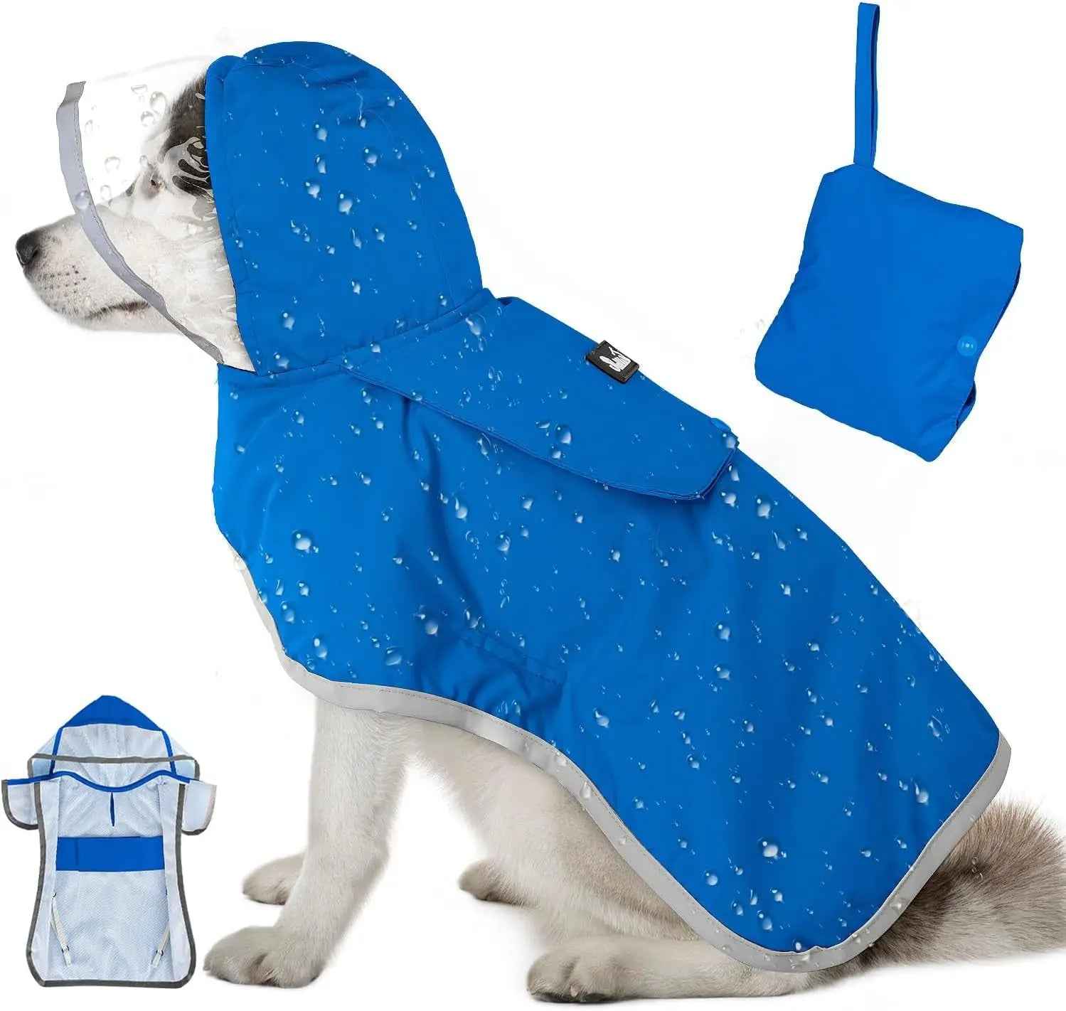 Dog Raincoat with Clear Hood Reflective Trim Adjustable XS3XL in 3 colors