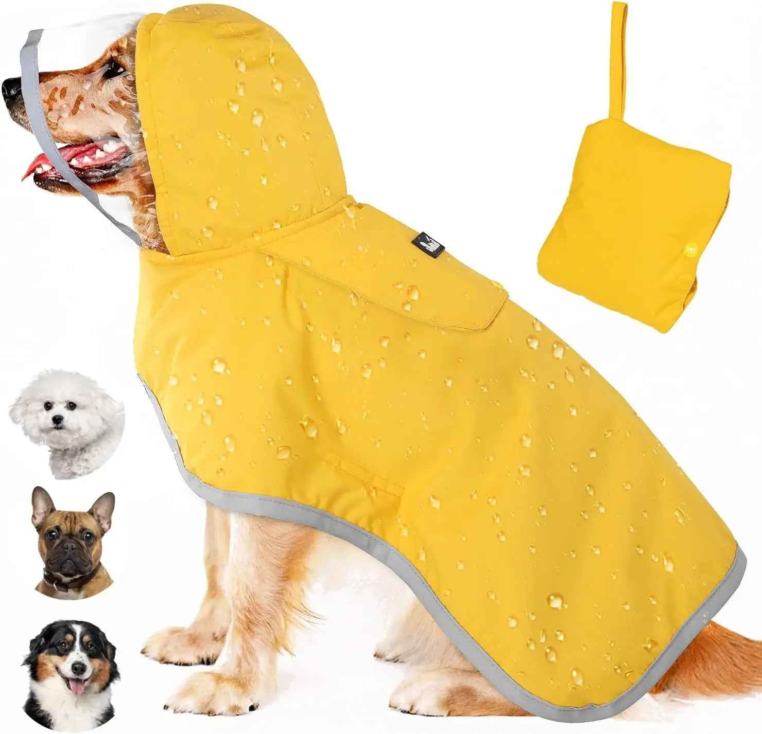 Dog Raincoat with Clear Hood Reflective Trim Adjustable XS3XL in 3 colors