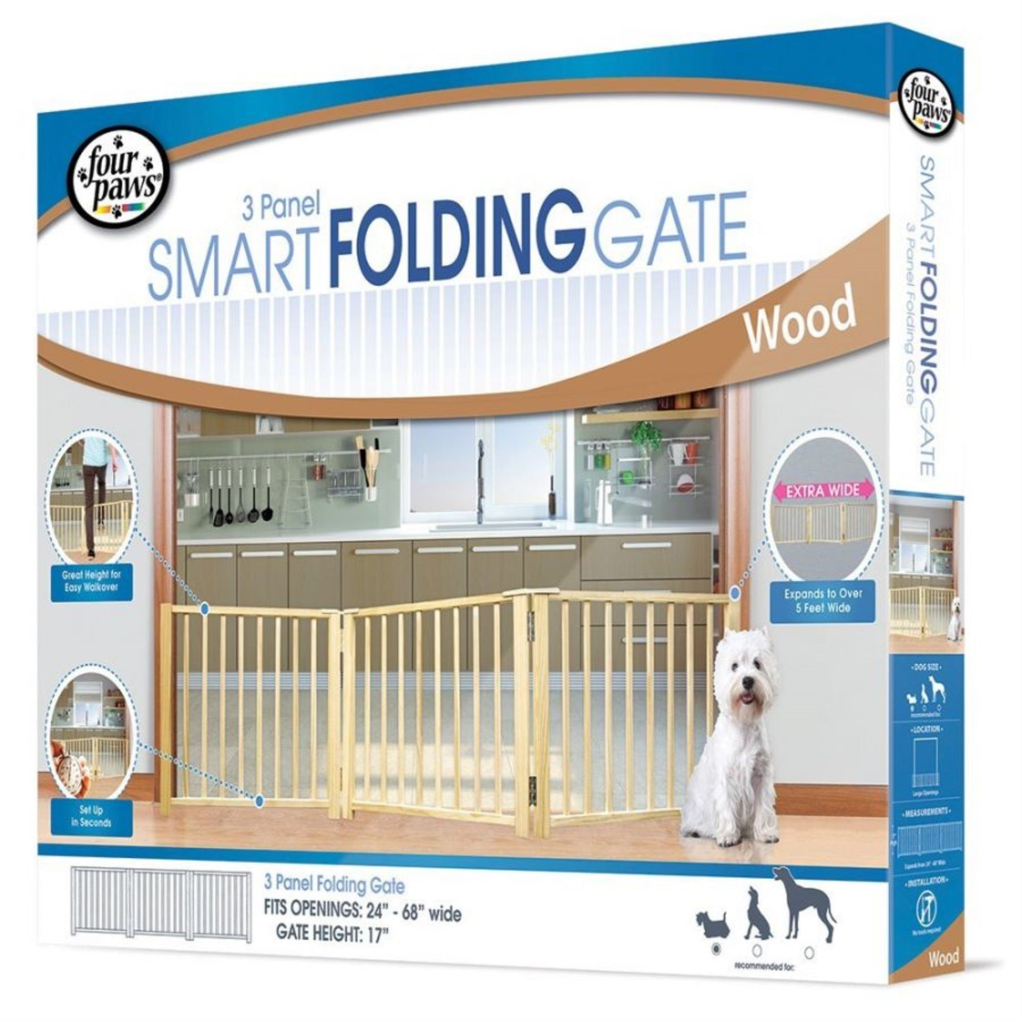 Four Paws Expandable Dog Gate, Wood Gate For Dogs, 3-Panel 24-68' W X 17' H