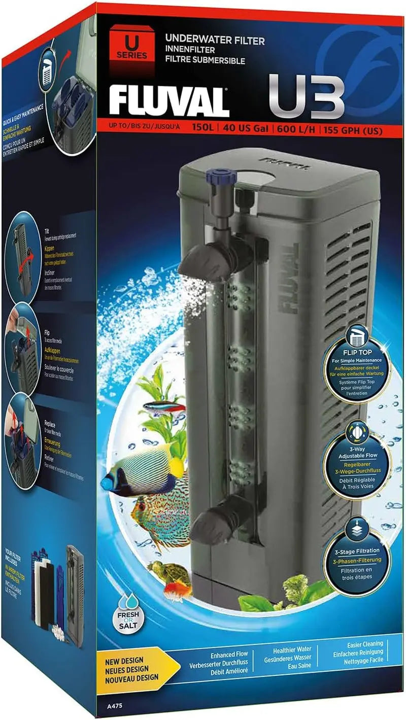 Fluval U3 Underwater Aquarium Filter 3 Stage 40 Gal Fresh Salt