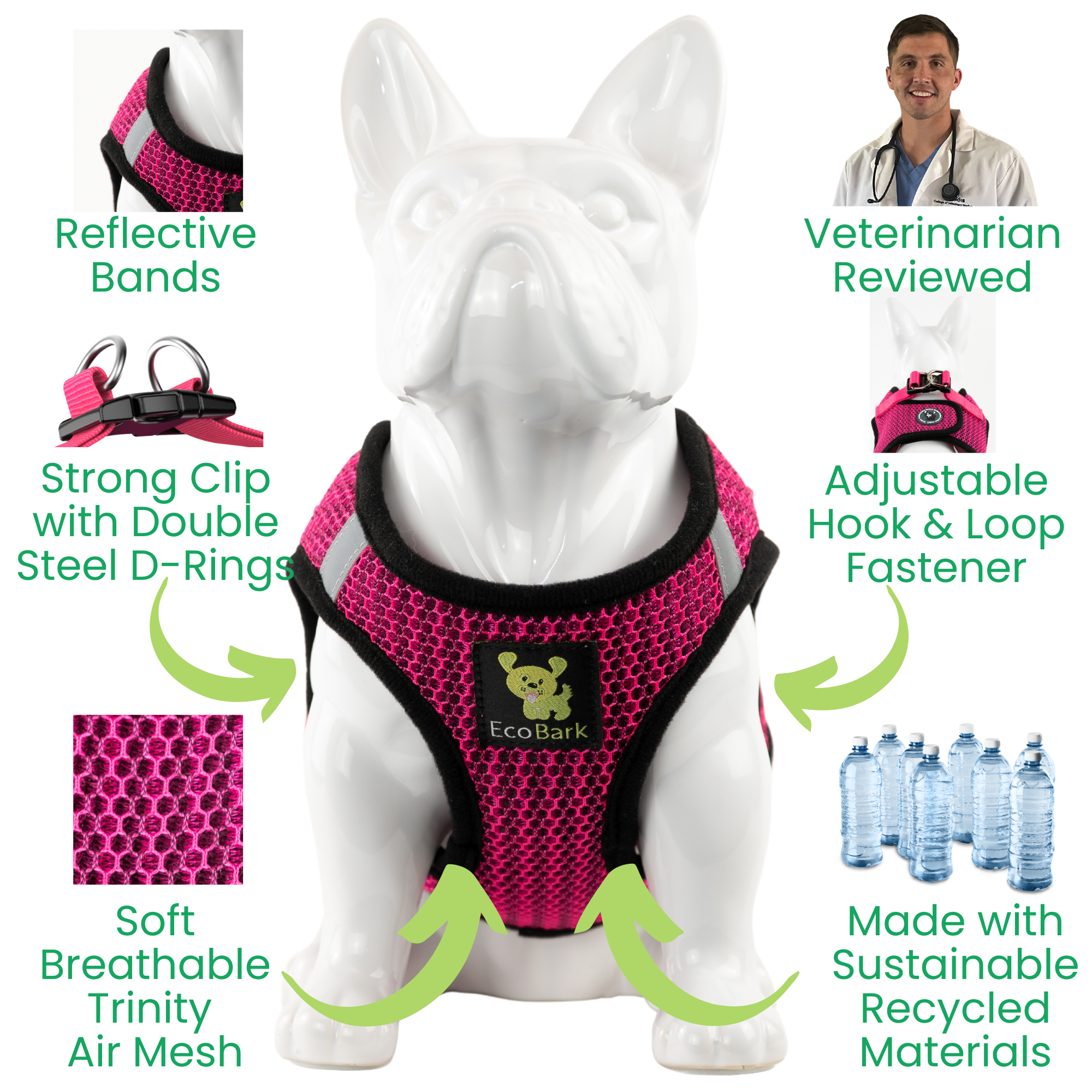 EcoBark Fuchsia Step In Dog Harness - Reflective Soft Mesh Harness for Teacup, Small Dogs and Puppies / Fuchsia Sport