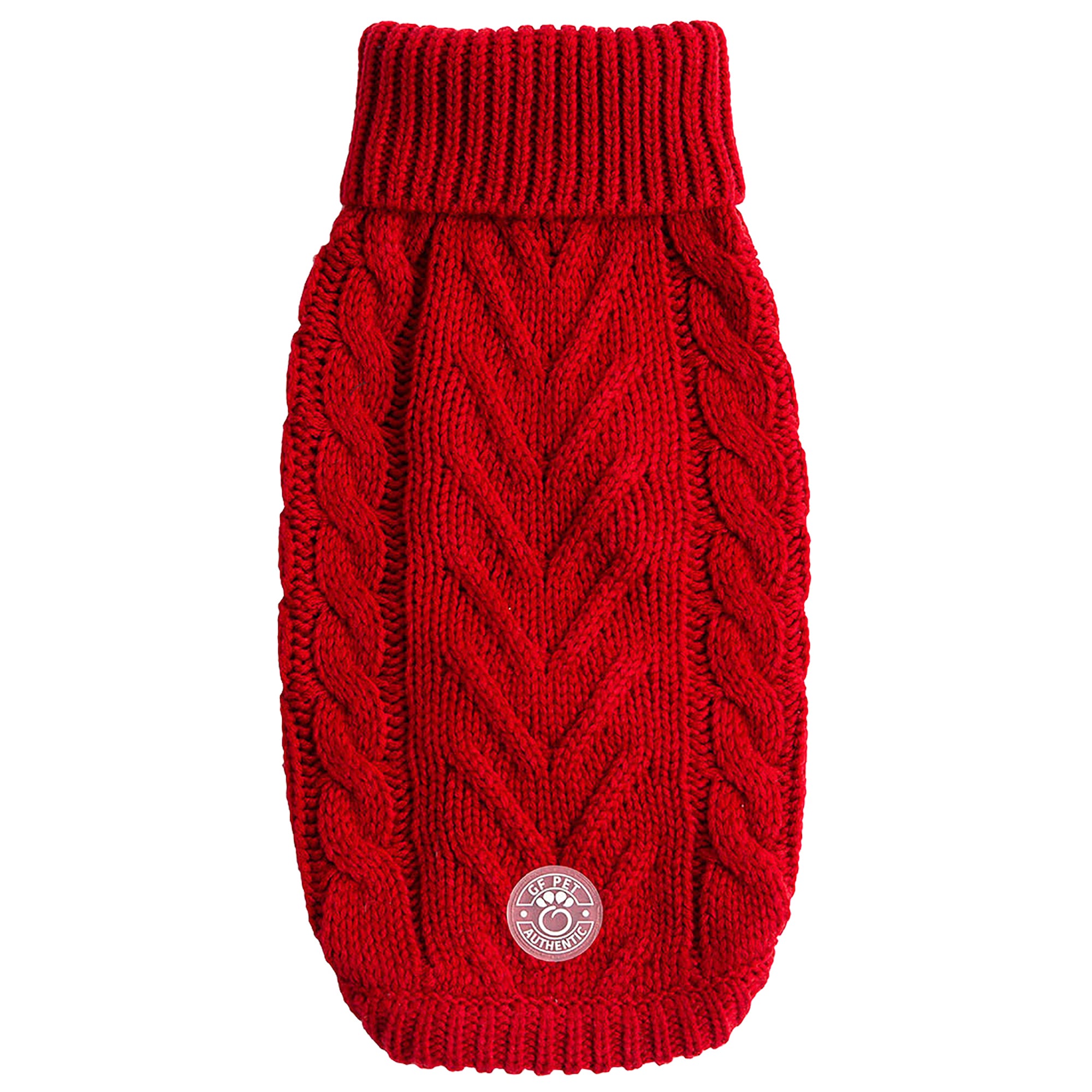 Gf Pet Chalet Cable Knit Dog Sweater - Snuggly Turtleneck Pullover For Small Medium Large Dogs | Chunky Knit Stretch Fit | Soft Ribbed Acrylic | Multi-Knit Doggy Sweaters - Red - 2X Large