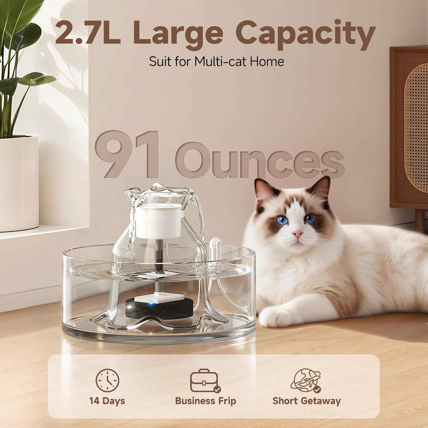 Glass Cat Water Fountain 2.7L Ultra Quiet BPA-Free