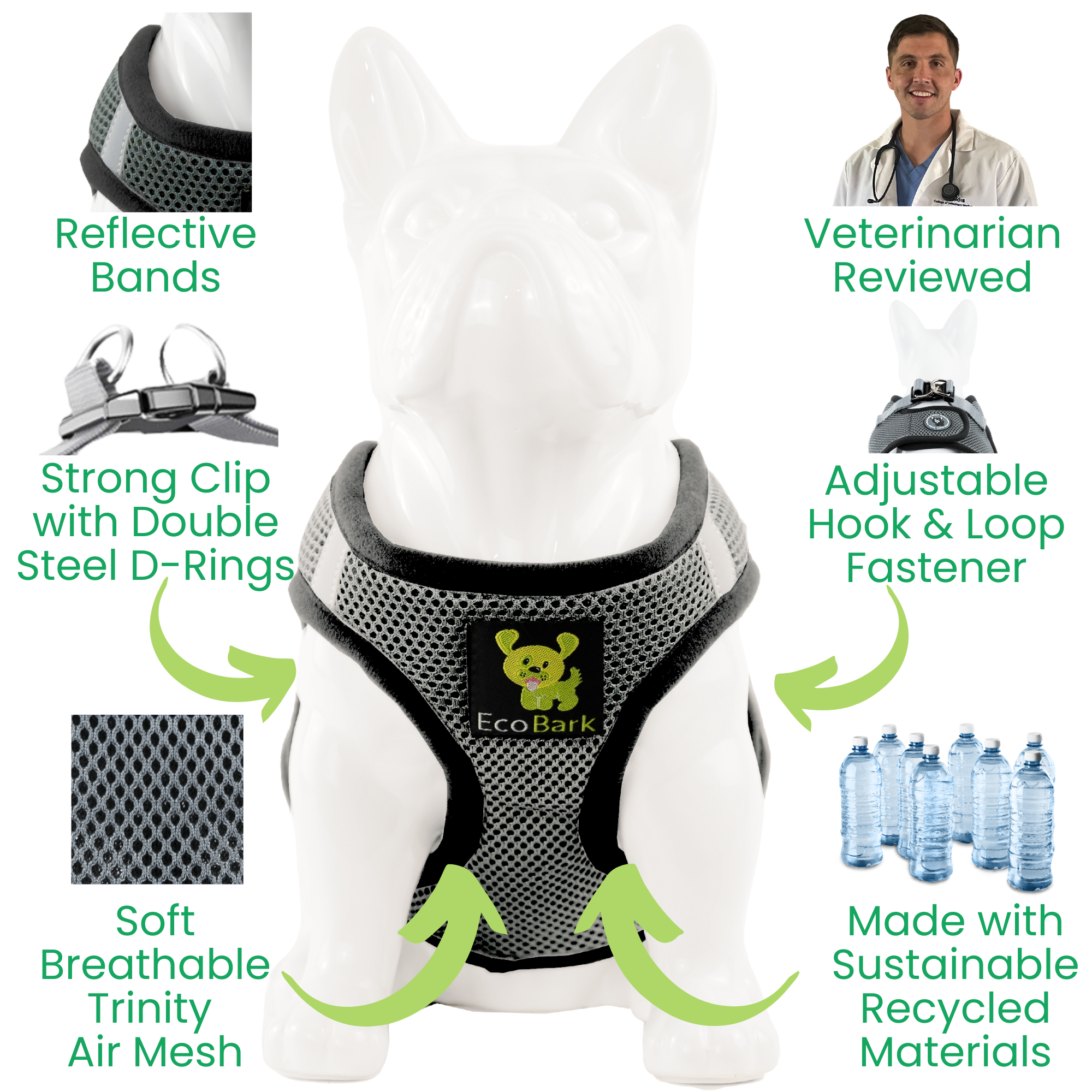 EcoBark Step In Dog Harness - Teacup & Small Breeds- Reflective Soft Mesh Harness for Teacup, Small Dogs and Puppies / Gray