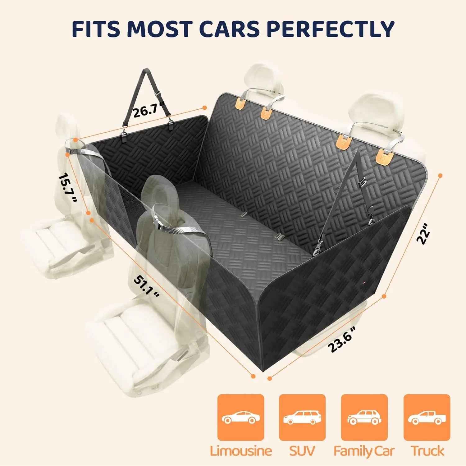 Dog Car Seat Cover Hammock  Hard Bottom, for SUV & Truck Back Seat