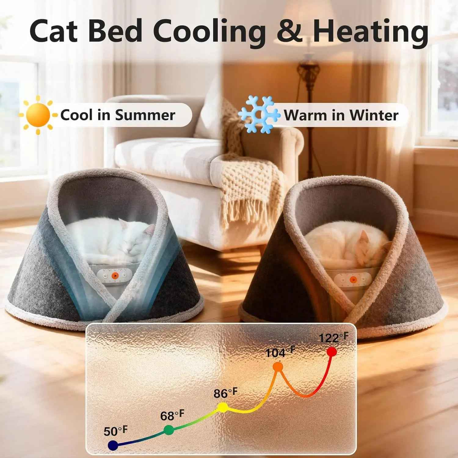 Indoor Heated & Cooling Cat Cave Bed with White Noise