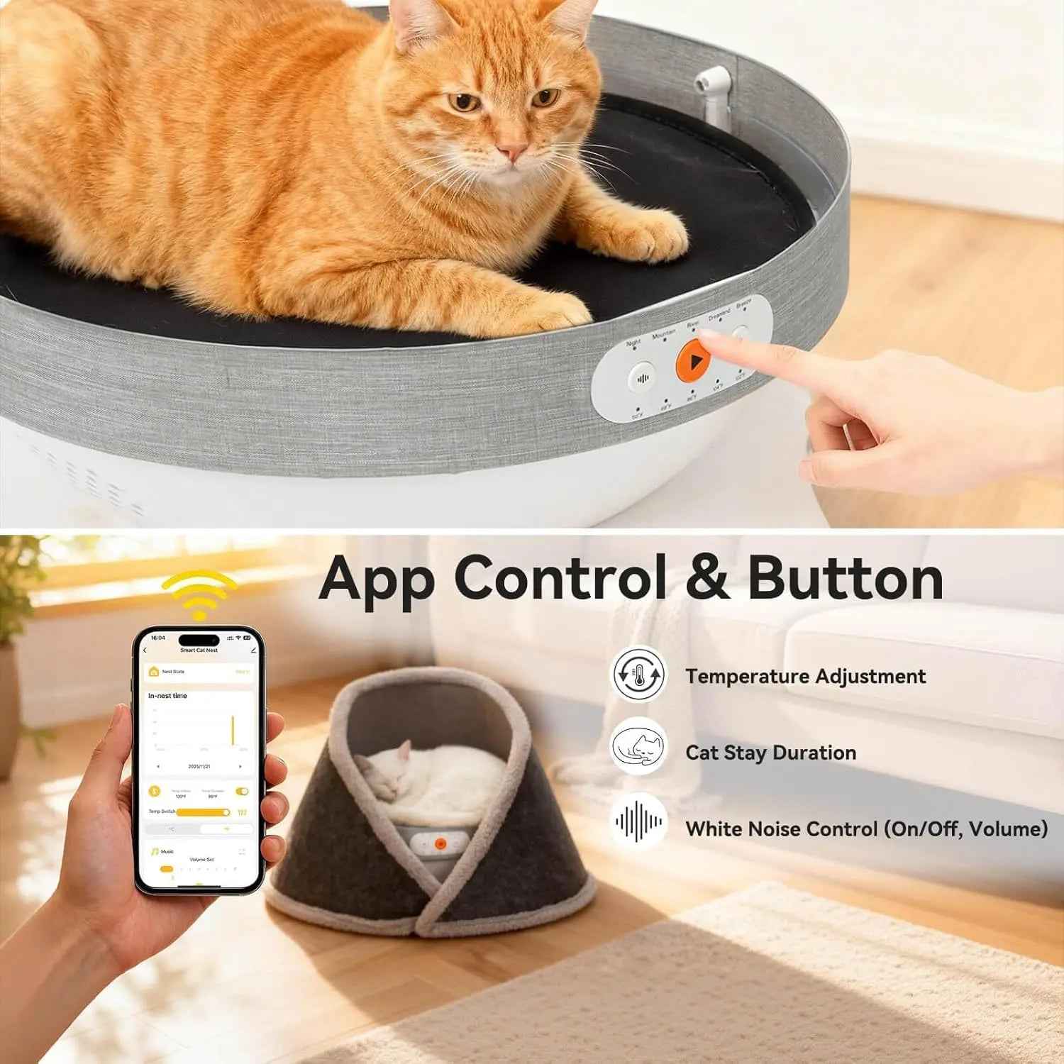Indoor Heated & Cooling Cat Cave Bed with White Noise