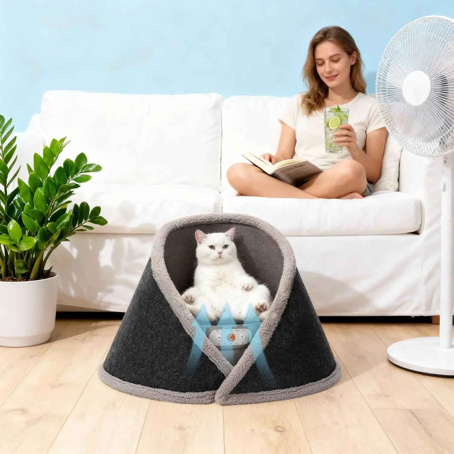 Indoor Heated & Cooling Cat Cave Bed with White Noise