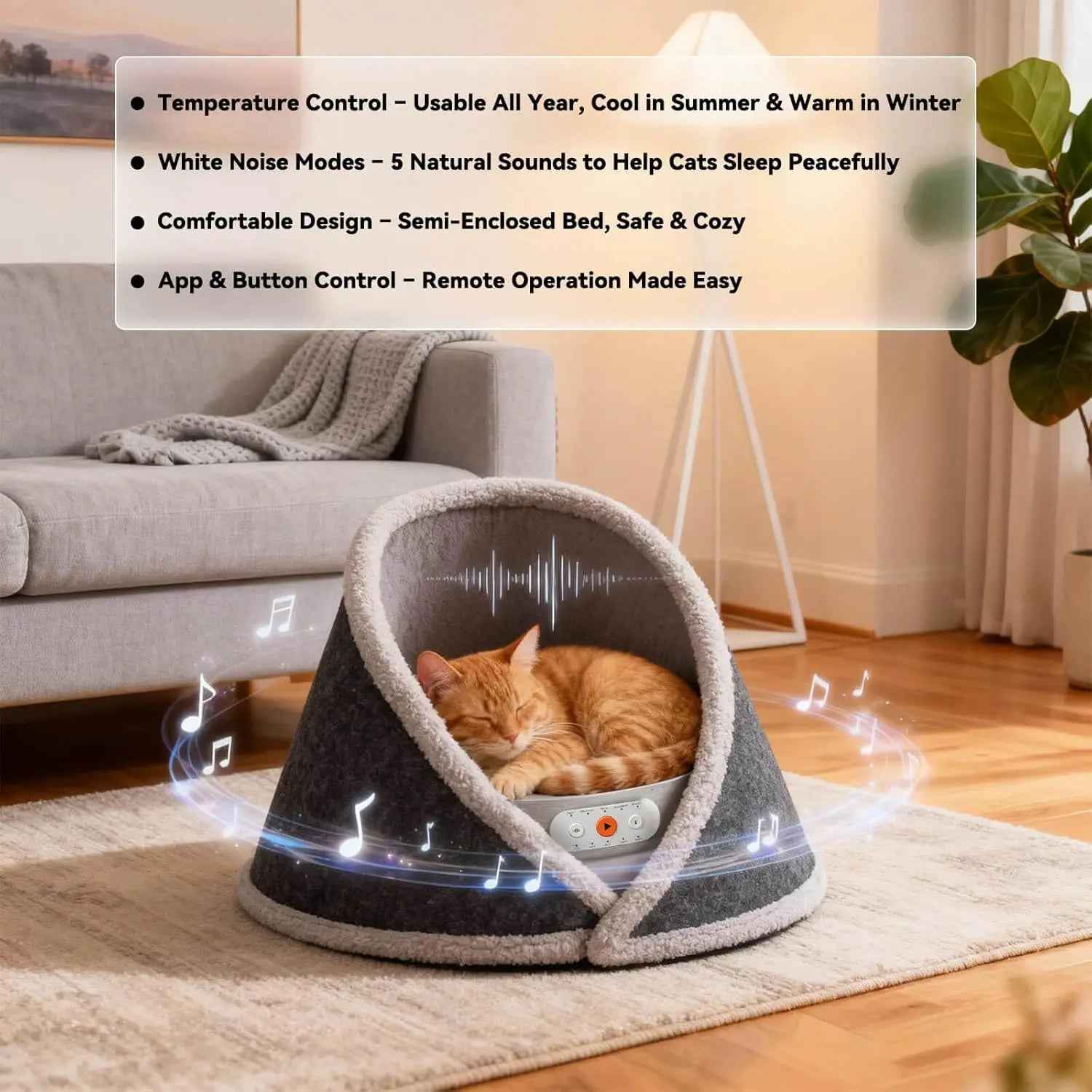 Indoor Heated & Cooling Cat Cave Bed with White Noise