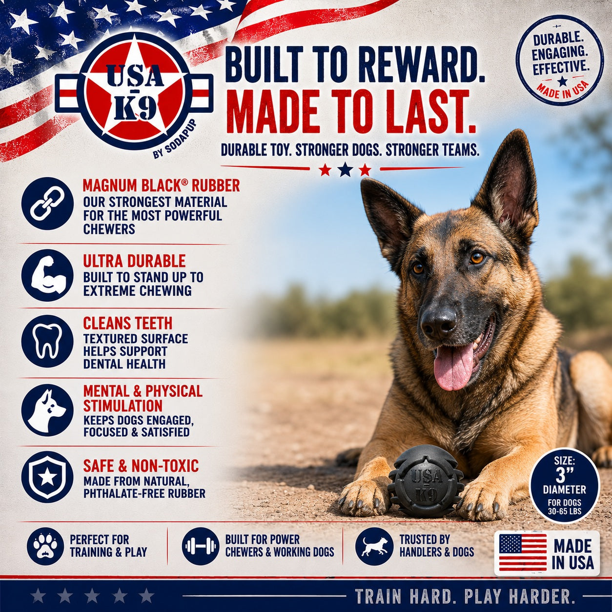 USA-K9 Stars and Stripes Rubber Dog Toy | K9 Handler Reward Toy | Red | USA Made