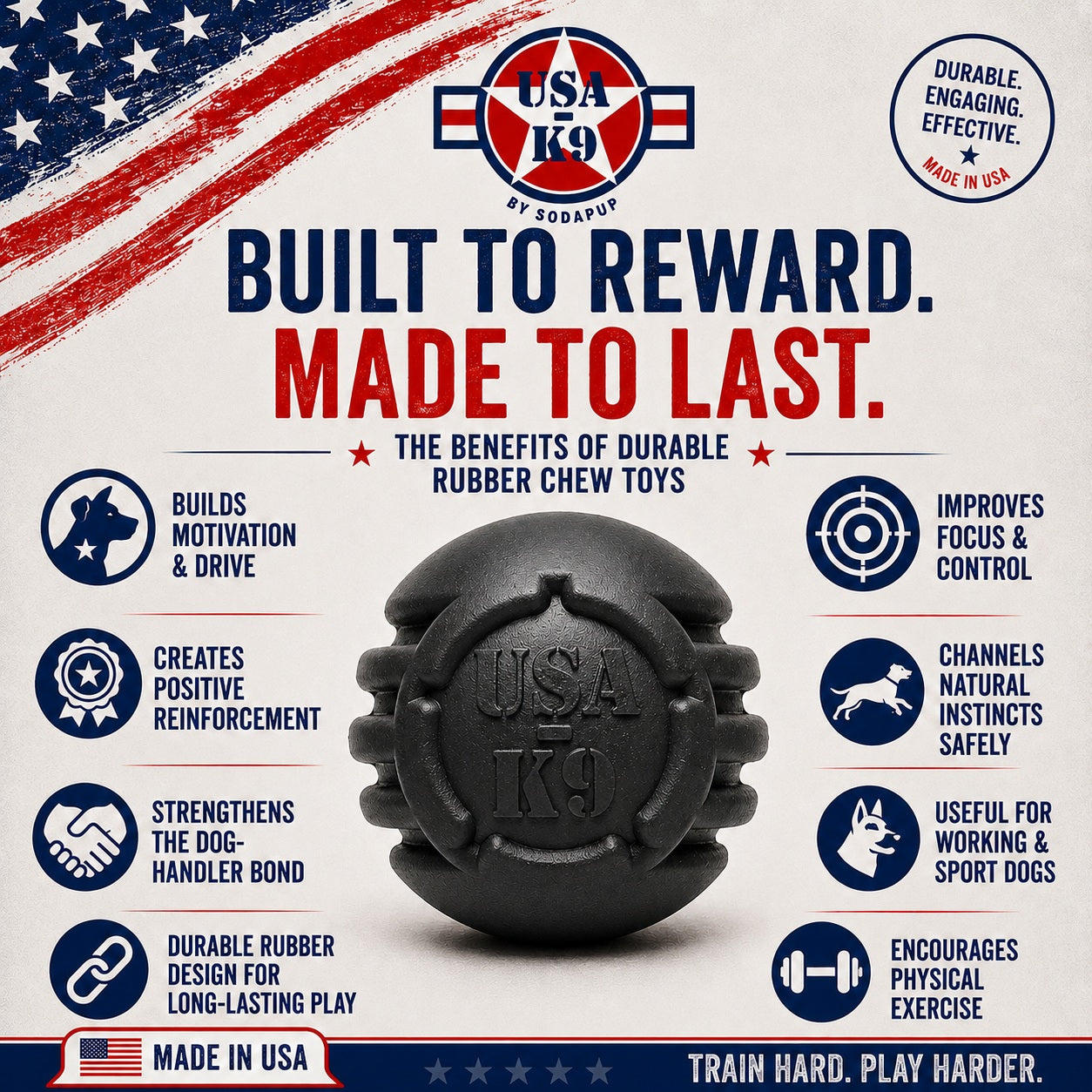 USA-K9 Stars and Stripes Rubber Dog Toy | K9 Handler Reward Toy | Red | USA Made