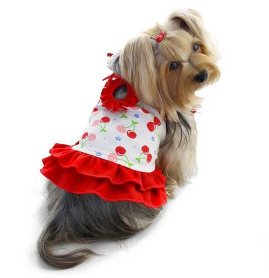 Klippo Cherries Sundress/Picnic Dress Made with Soft Knit Cotton; Adjustable Shoulder Straps for Small Dog/Puppy - XS