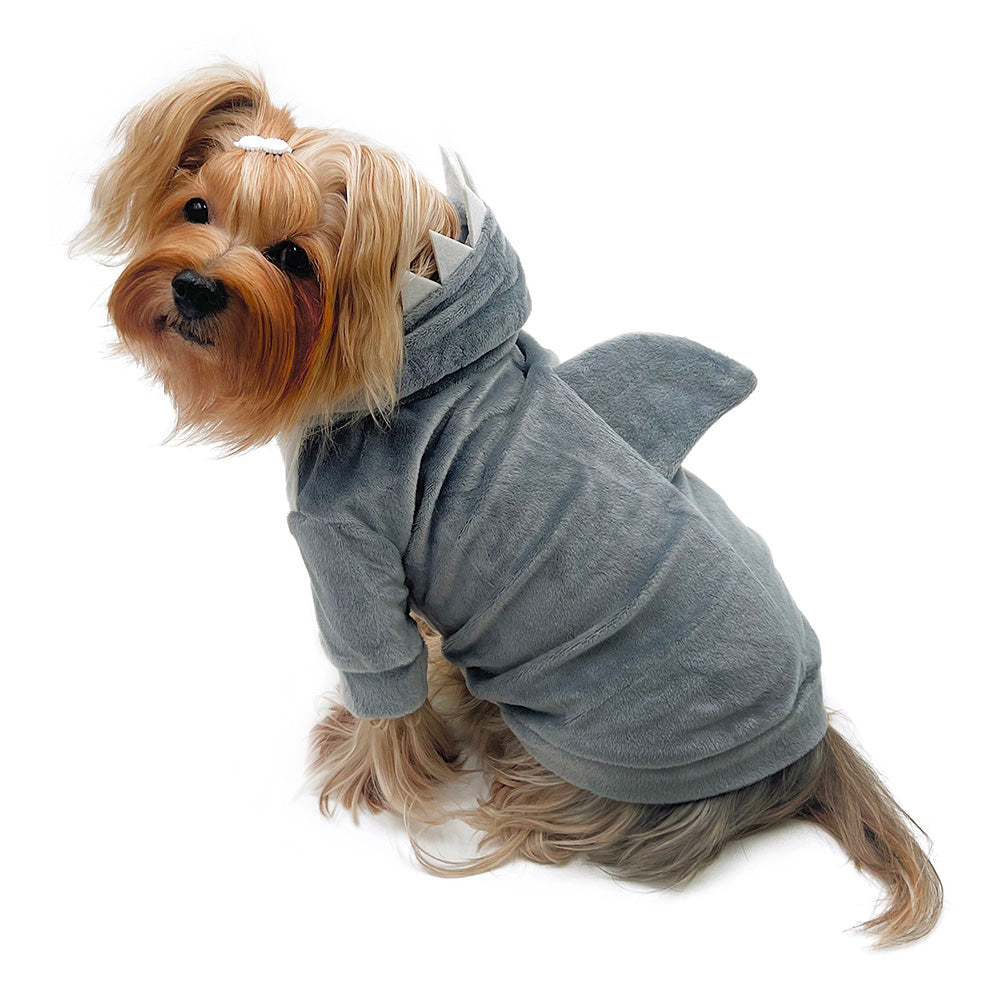 Ultra Plush Shark Hoodie With Fin & Teeth, Gray - Medium
