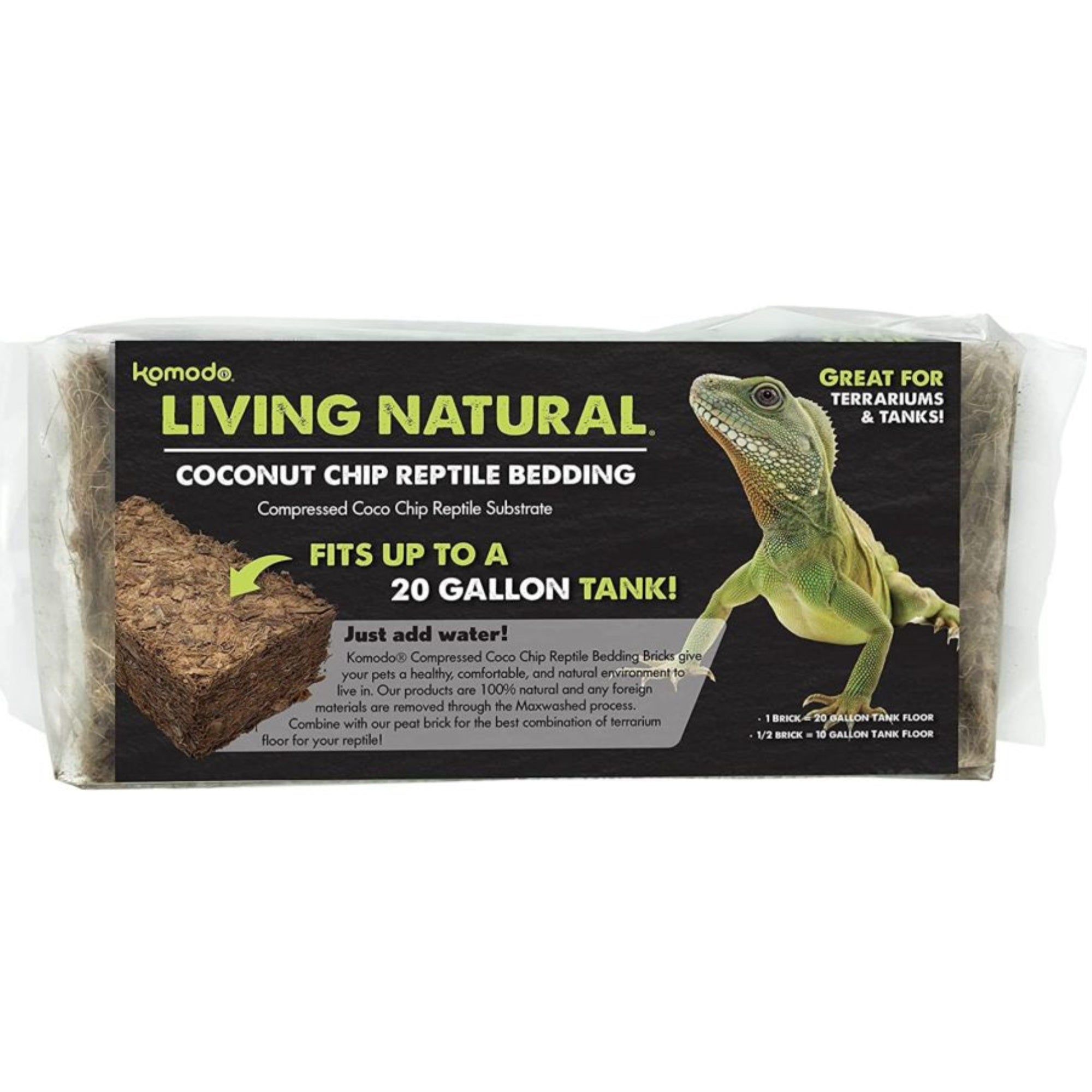 Komodo Coconut Coir Chip Brick | 100% Natural Coconut Coir Reptile Terrarium Habitat Bedding | Retains Moisture For Regulating Humidity | Fits Up To A 20 Gallon Tank