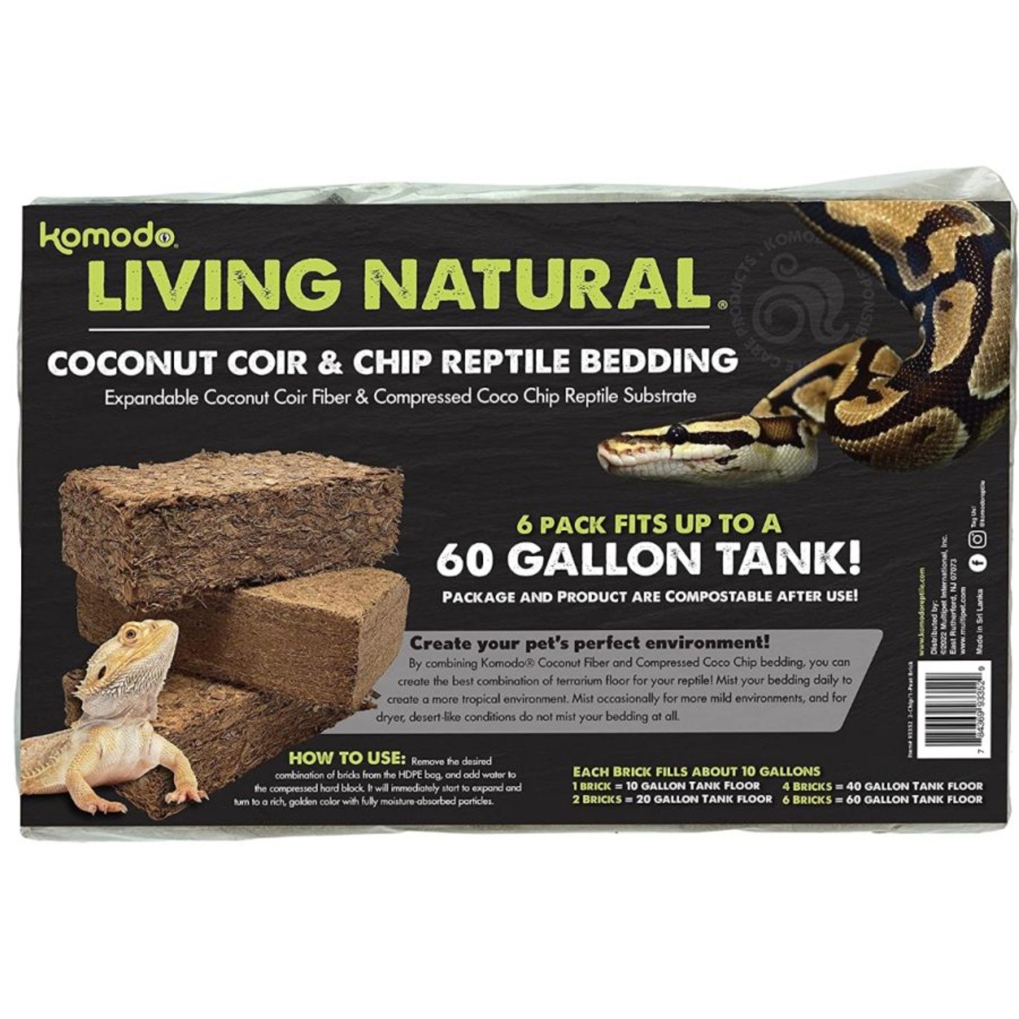 Komodo Reptile Coconut Coir Chip & Peat Bundle | 4 Bricks Of Chips And 2 Bricks Of Peat Reptile Terrarium Habitat Bedding | Fits Up To A 60 Gallon Tank Total