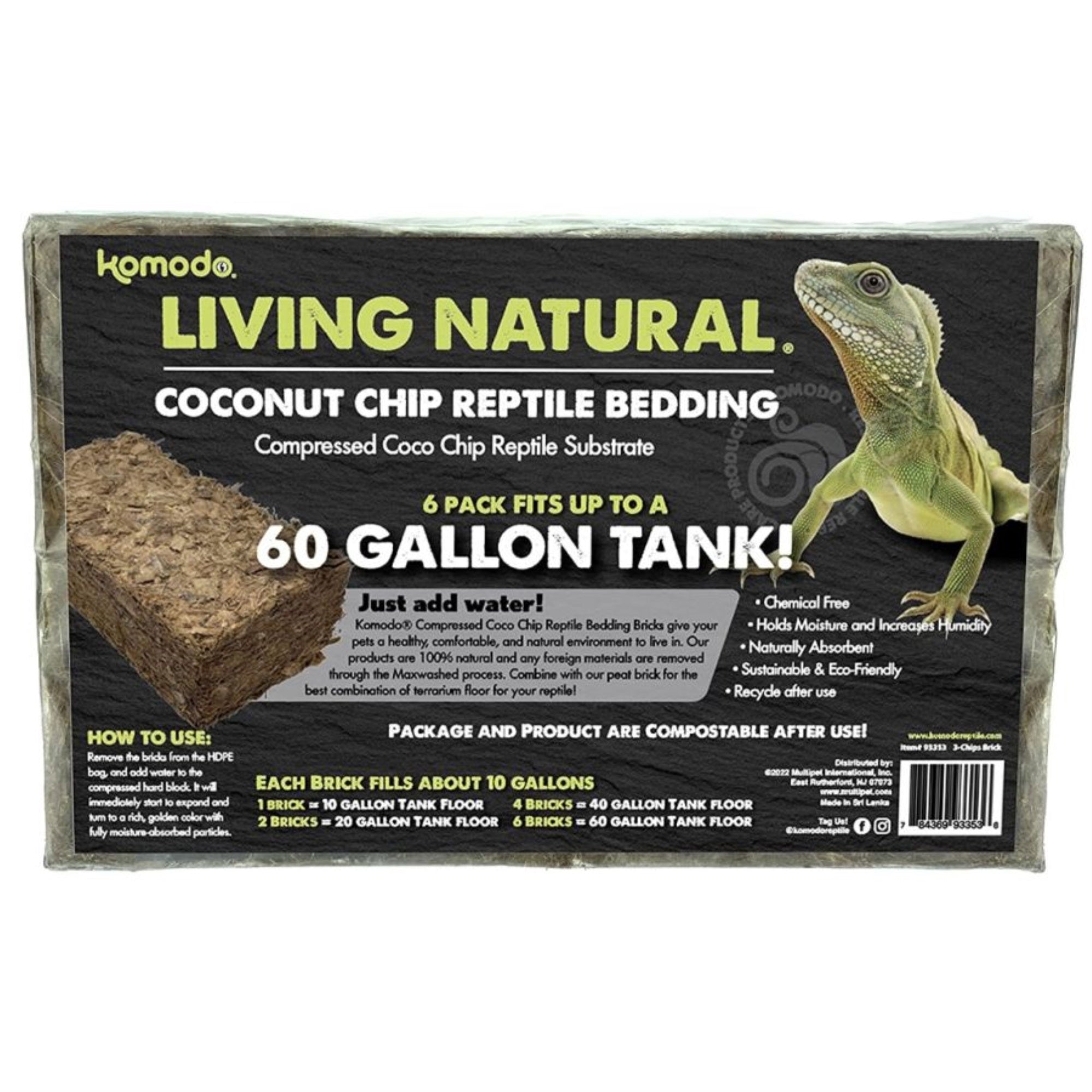 Komodo Coconut Coir Chip 3 Brick Pack | 100% Natural Coconut Coir Reptile Terrarium Habitat Bedding | Retains Moisture For Regulating Humidity | Fits Up To A 60 Gallon Tank