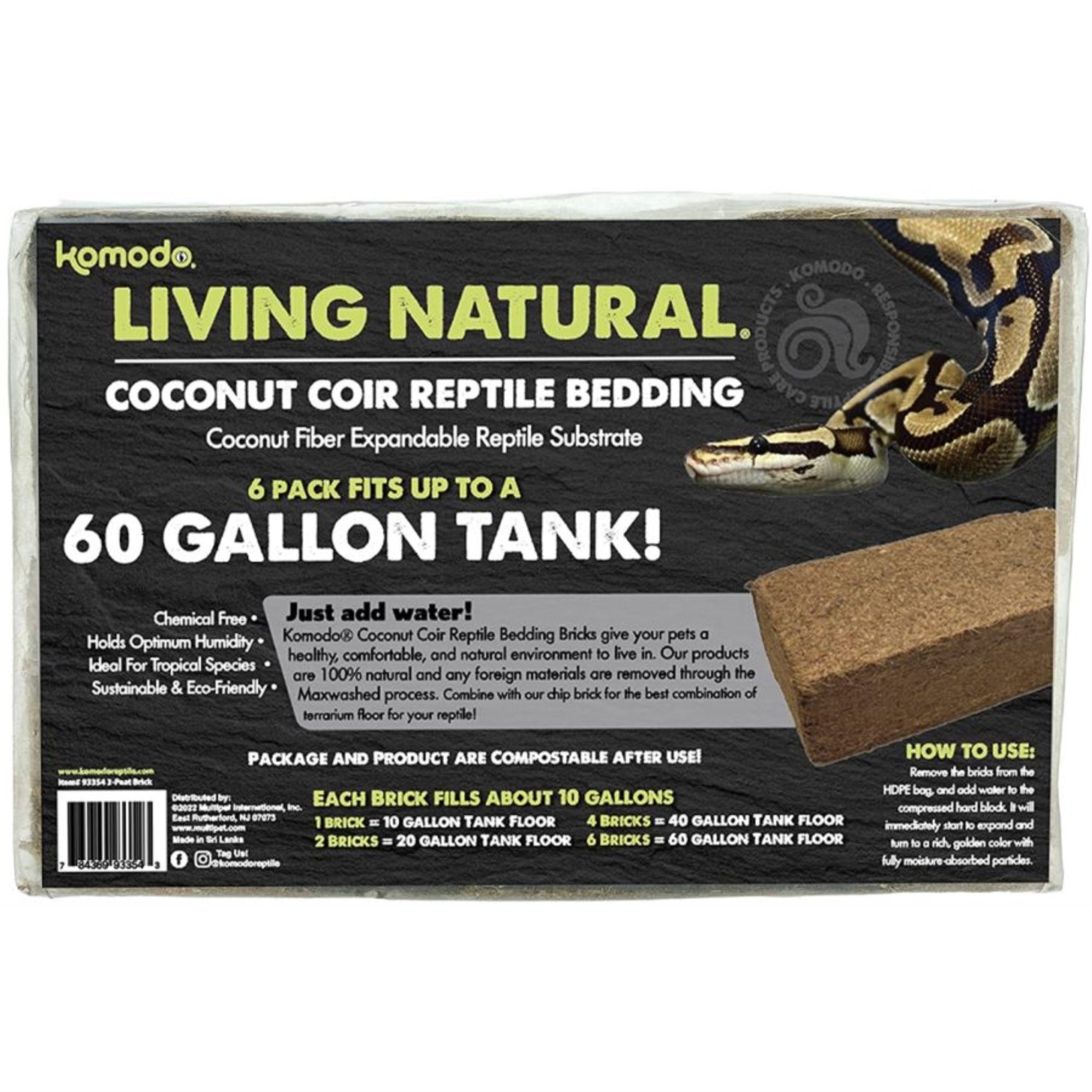 Komodo Coconut Coir Peat 3 Brick Pack | 100% Natural Coconut Coir Reptile Terrarium Habitat Bedding | For Tropical Or Desert Environments | Fits Up To A 60 Gallon Tank