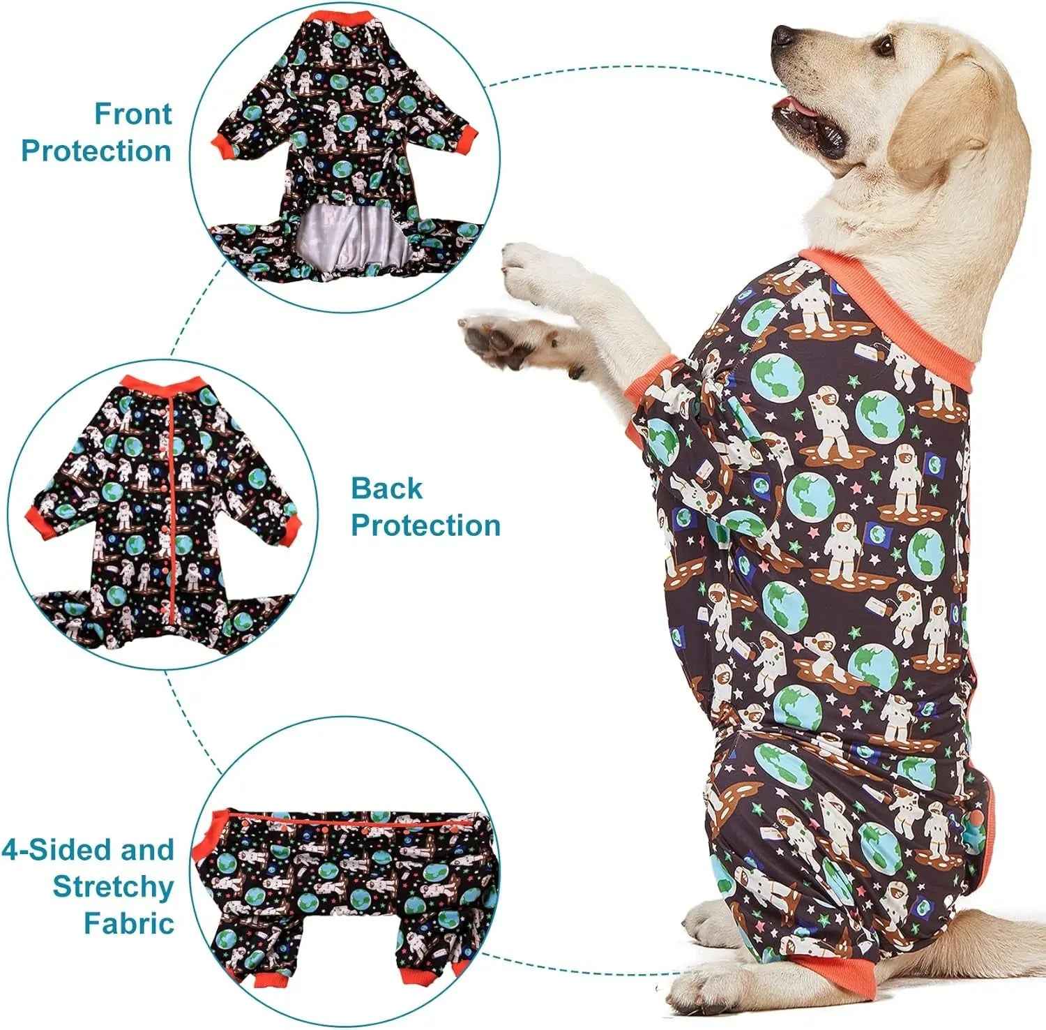 Large Dog Onesie Pajamas – Space Astronaut Print, UV Recovery Pullover