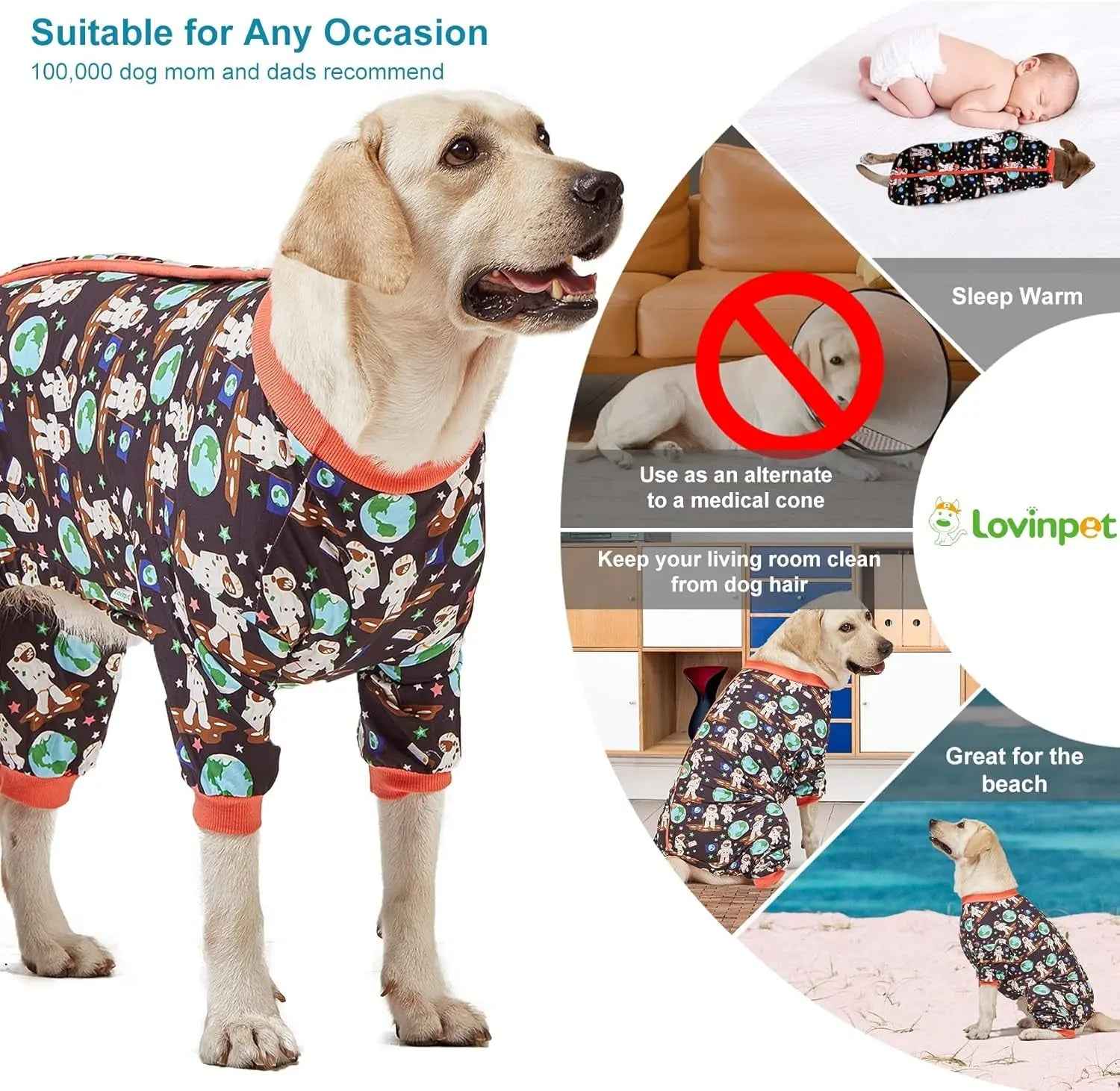 Large Dog Onesie Pajamas – Space Astronaut Print, UV Recovery Pullover