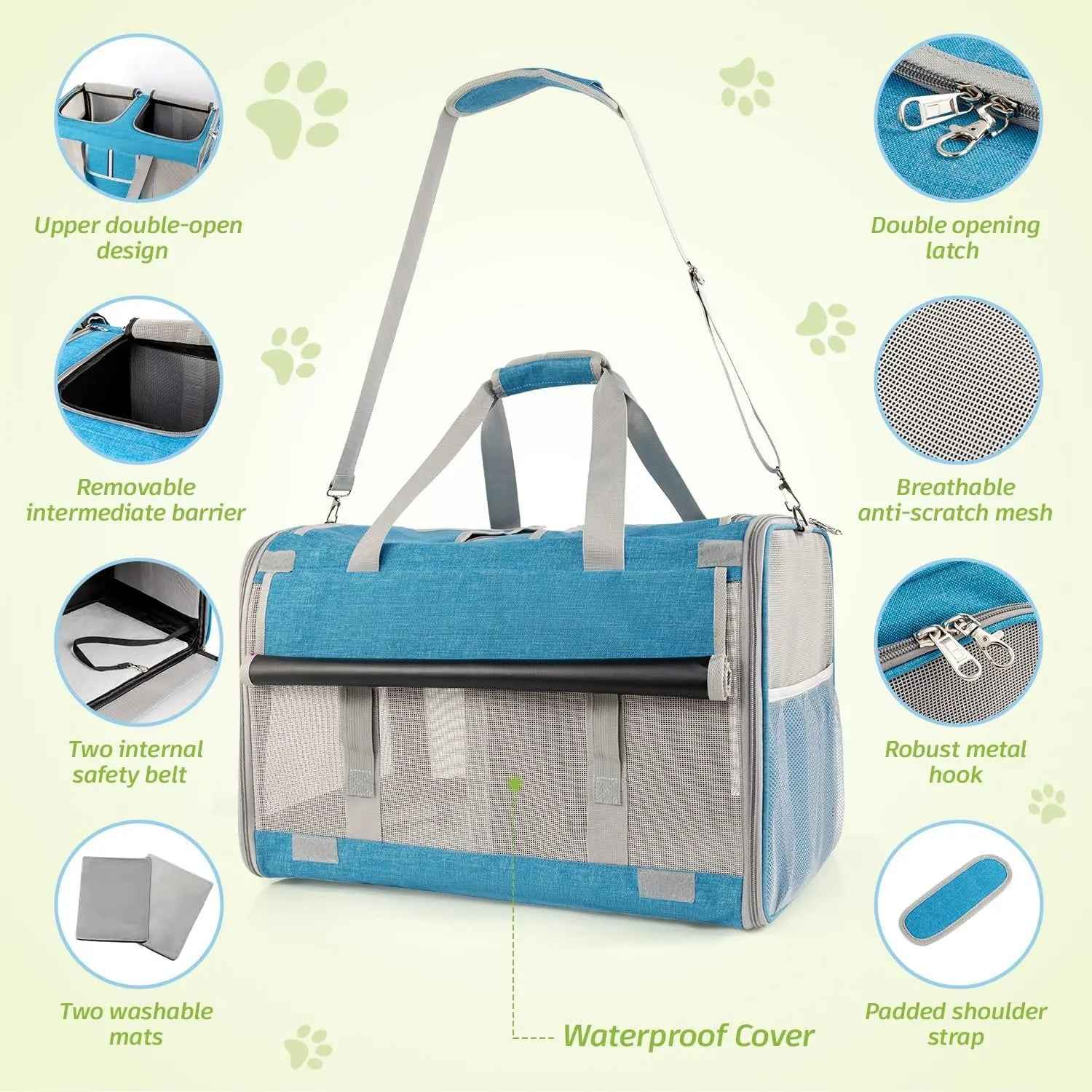 Large Dual Cat Carrier 38lb Capacity Soft Sided Pet Travel Bag w/ Divider & Mesh