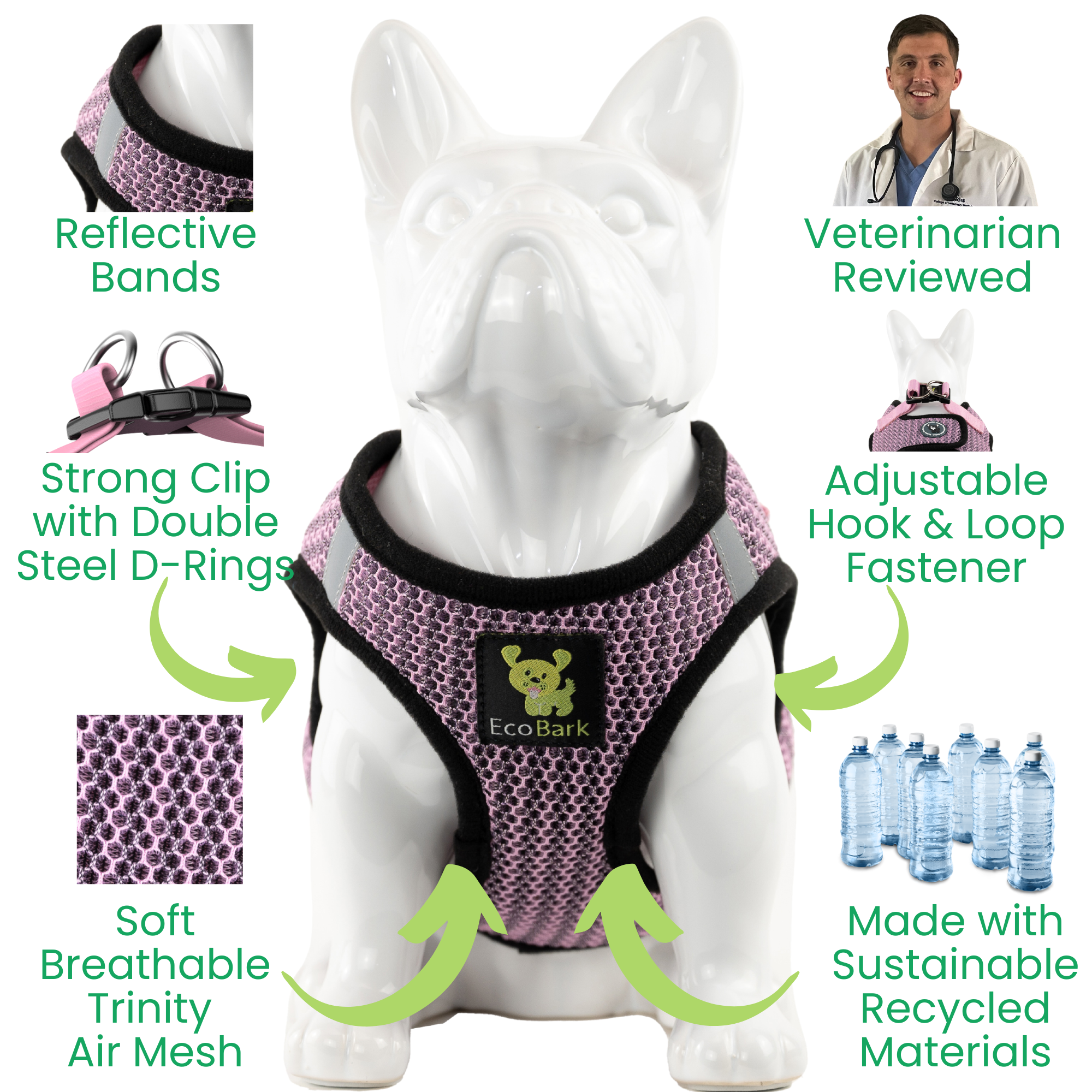 EcoBark Step In Dog Harness - Teacup & Small Breeds- Reflective Soft Mesh Harness for Teacup, Small Dogs and Puppies / Lilac Pink