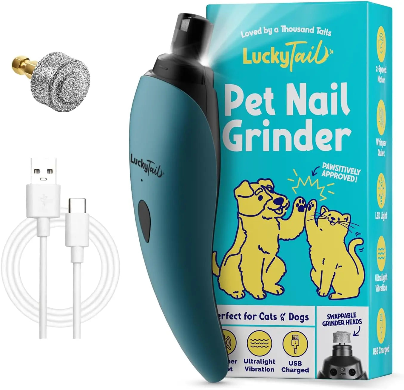 Luckytail Pet Nail Grinder Quiet USB Rechargeable 2 LED 2 Speeds