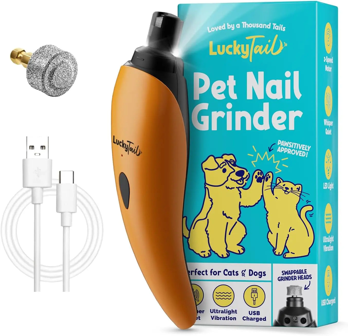 Luckytail Pet Nail Grinder Quiet USB Rechargeable 2 LED 2 Speeds