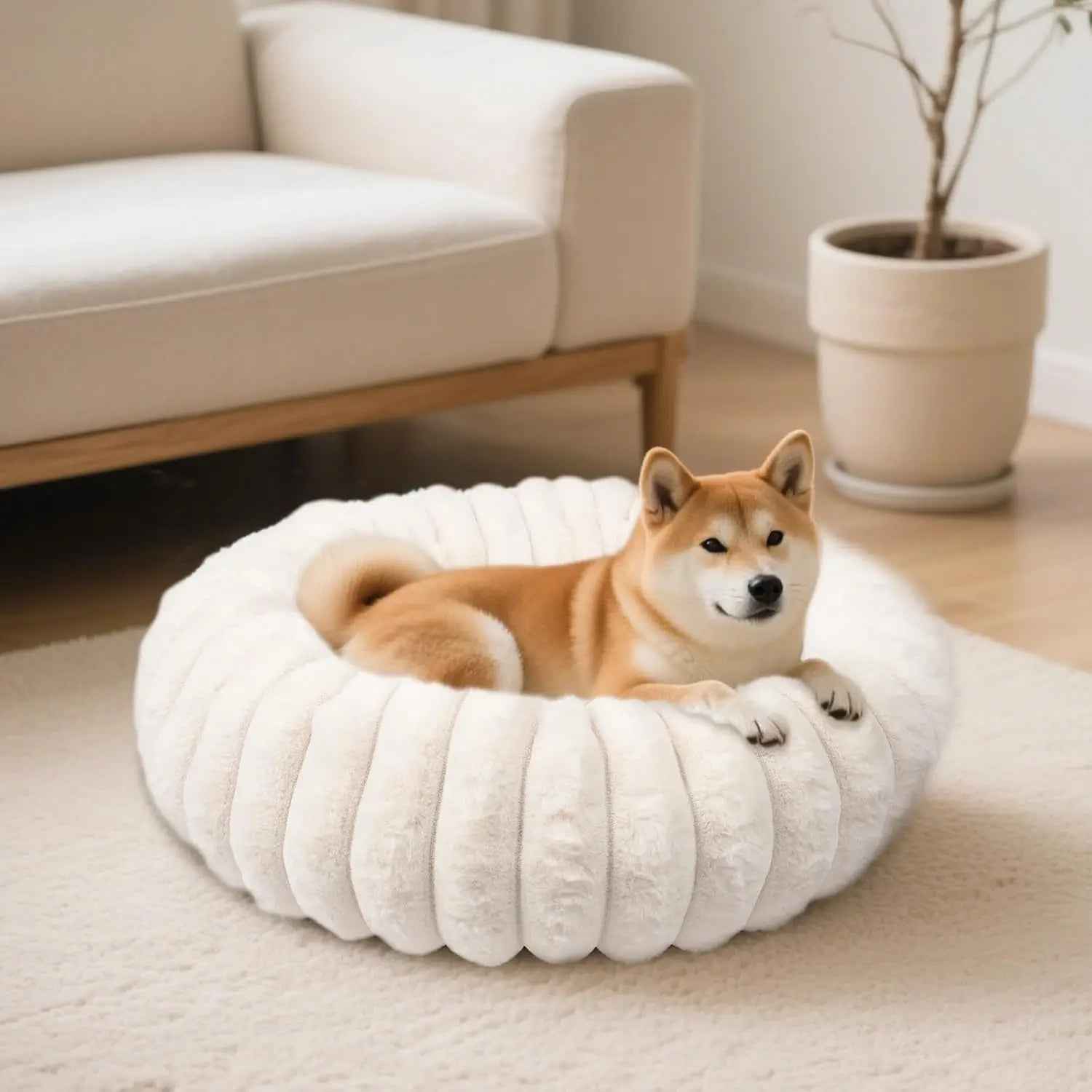 Faux Fur Calming Donut Dog & Cat Bed with Non-Slip Base
