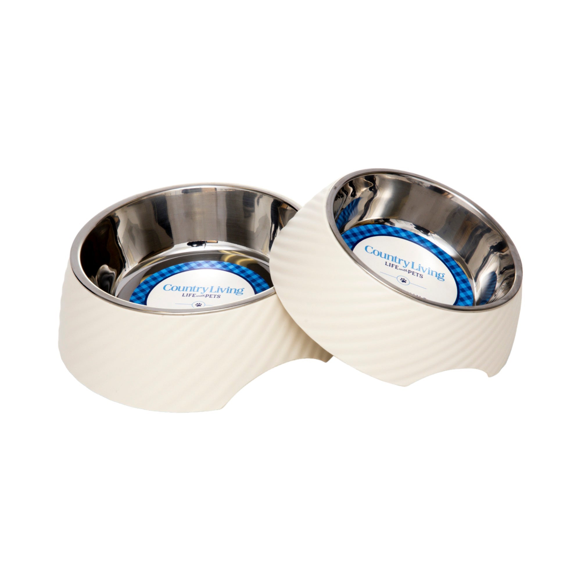 Country Living Set of 2 Round Twill Melamine Dog Bowls with Removable Stainless Steel Inserts – White Swan