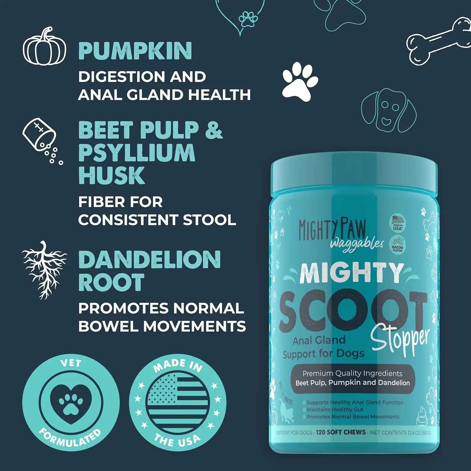 Dog Anal Gland & Digestive Support Fiber Chews – 120 Ct