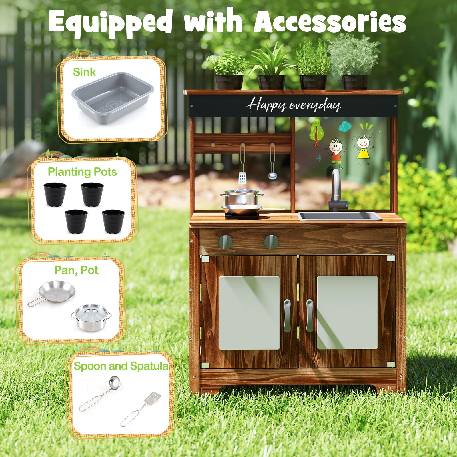 Mud Kitchen Fir Wood Play Kitchen with 4 Panting Pots Faucet Removable Sink-Natural