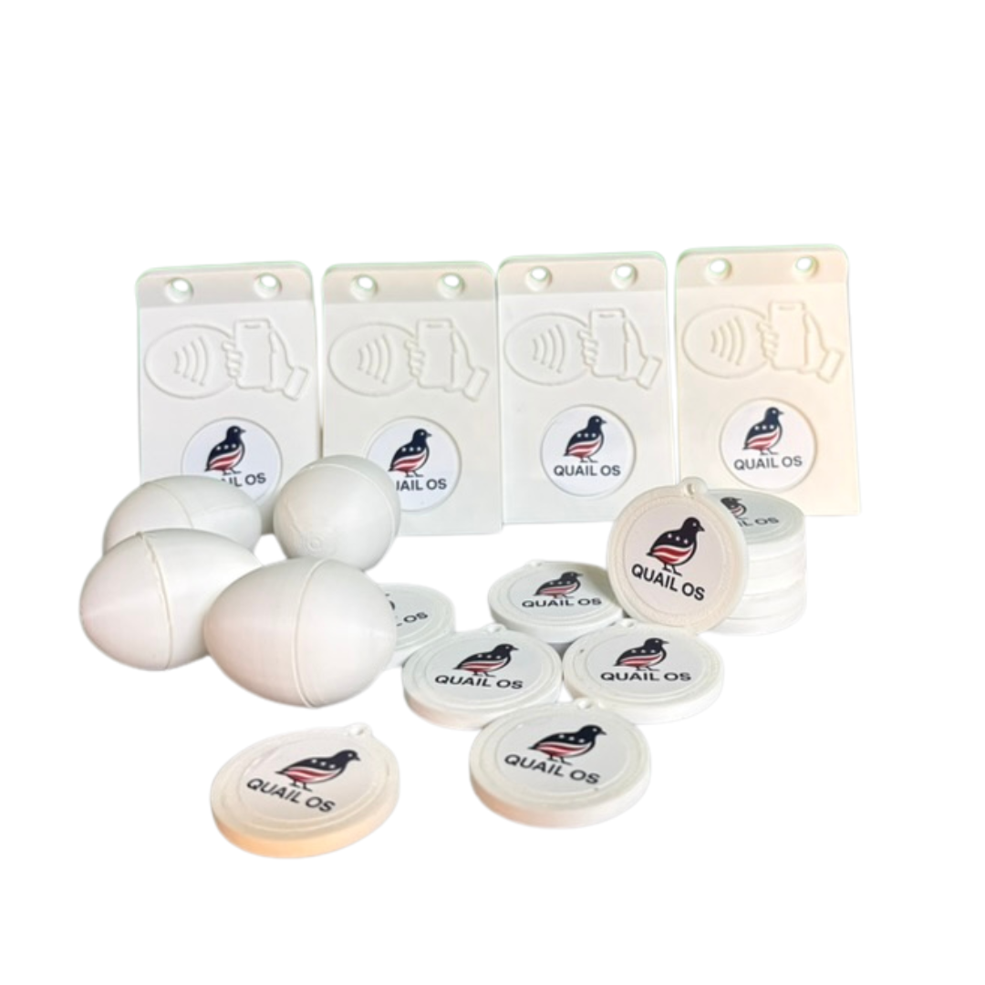 QuailOS Tap and Track Kit — NFC Business package (12 Tags, 4 Mounts, 4 Hatch Eggs)