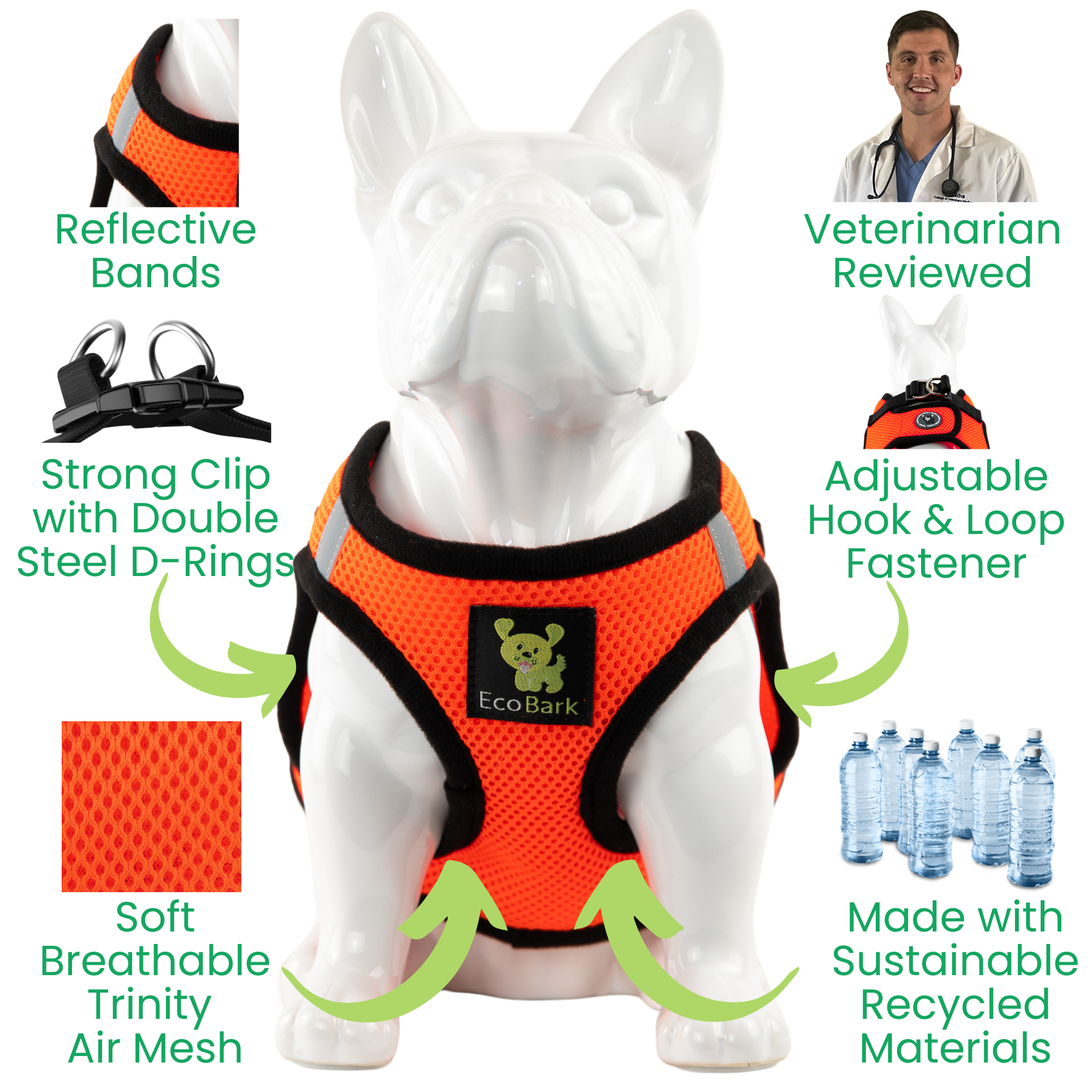 EcoBark Step In Dog Harness - Teacup & Small Breeds- Reflective Soft Mesh Harness for Teacup, Small Dogs and Puppies / Orange