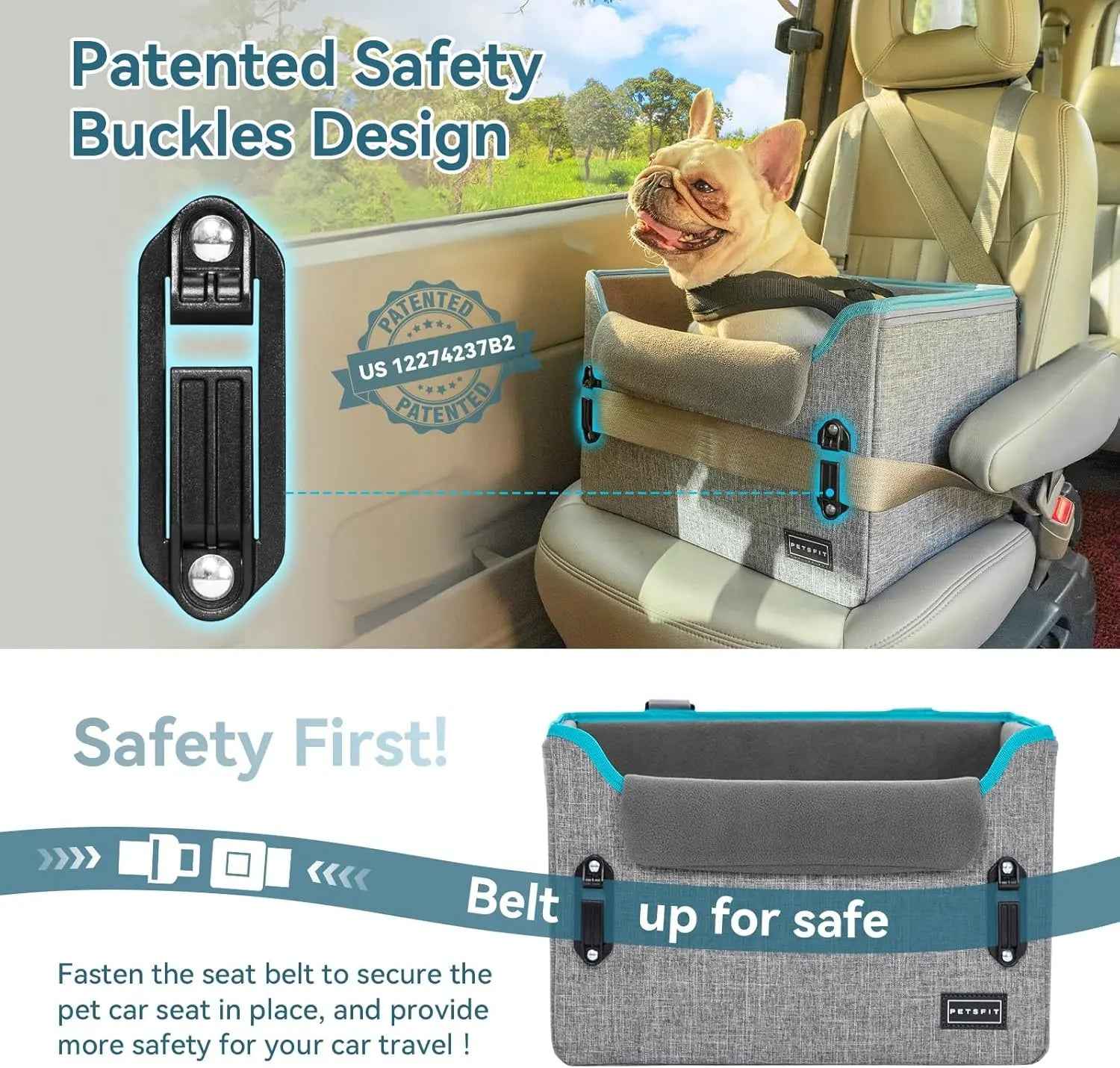 PETSFIT Foldable Dog Car Seat Booster with Safety Buckles