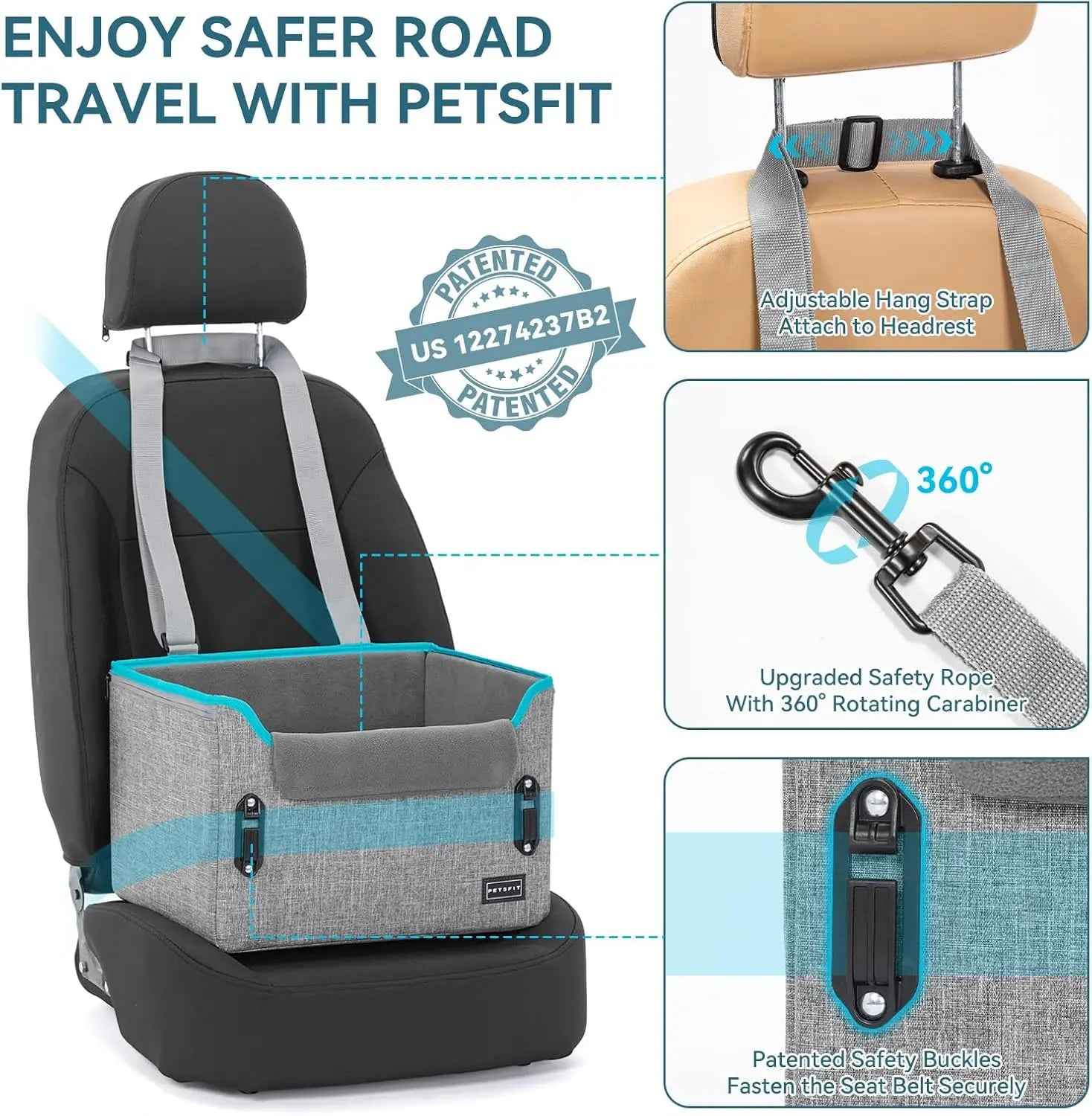 PETSFIT Foldable Dog Car Seat Booster with Safety Buckles