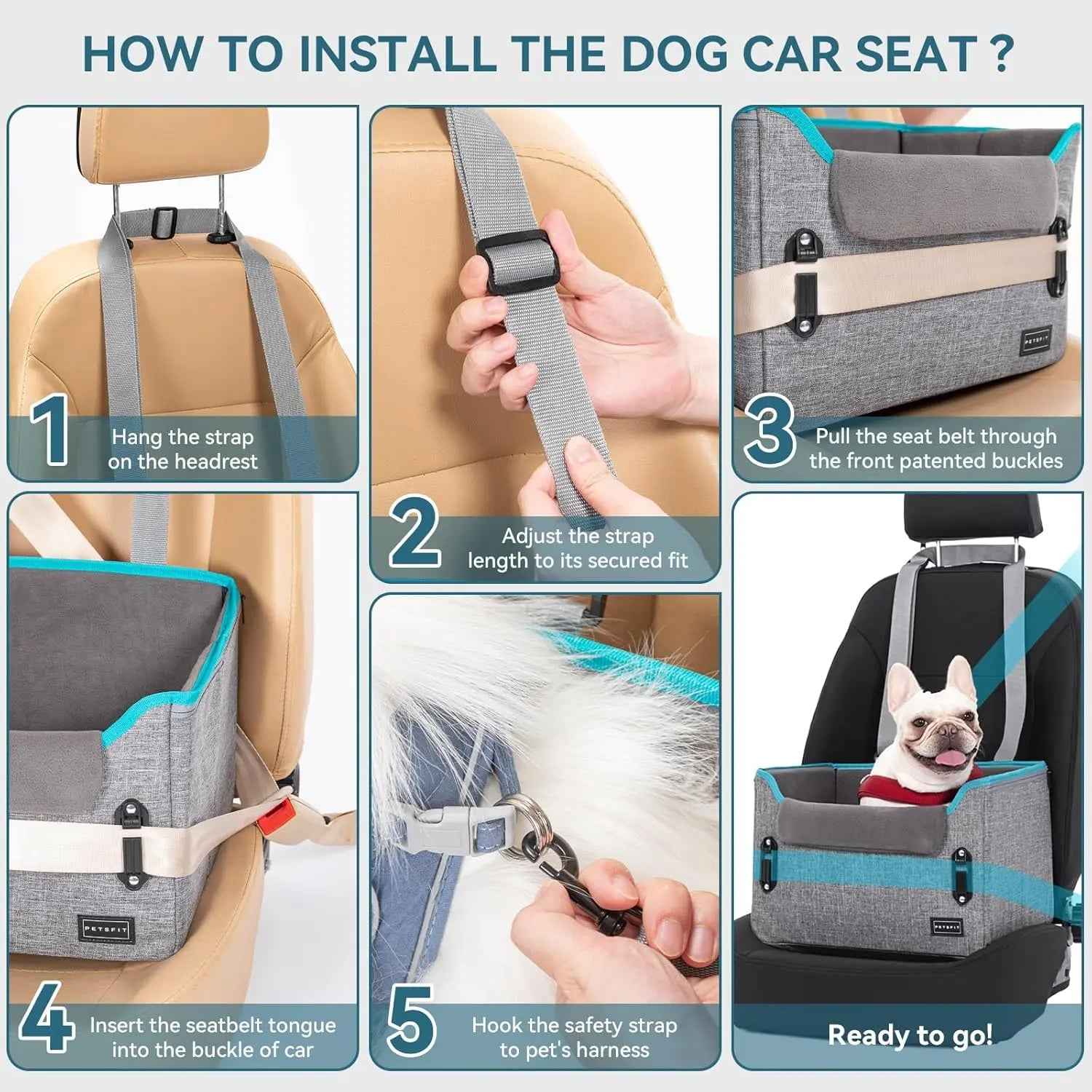 PETSFIT Foldable Dog Car Seat Booster with Safety Buckles